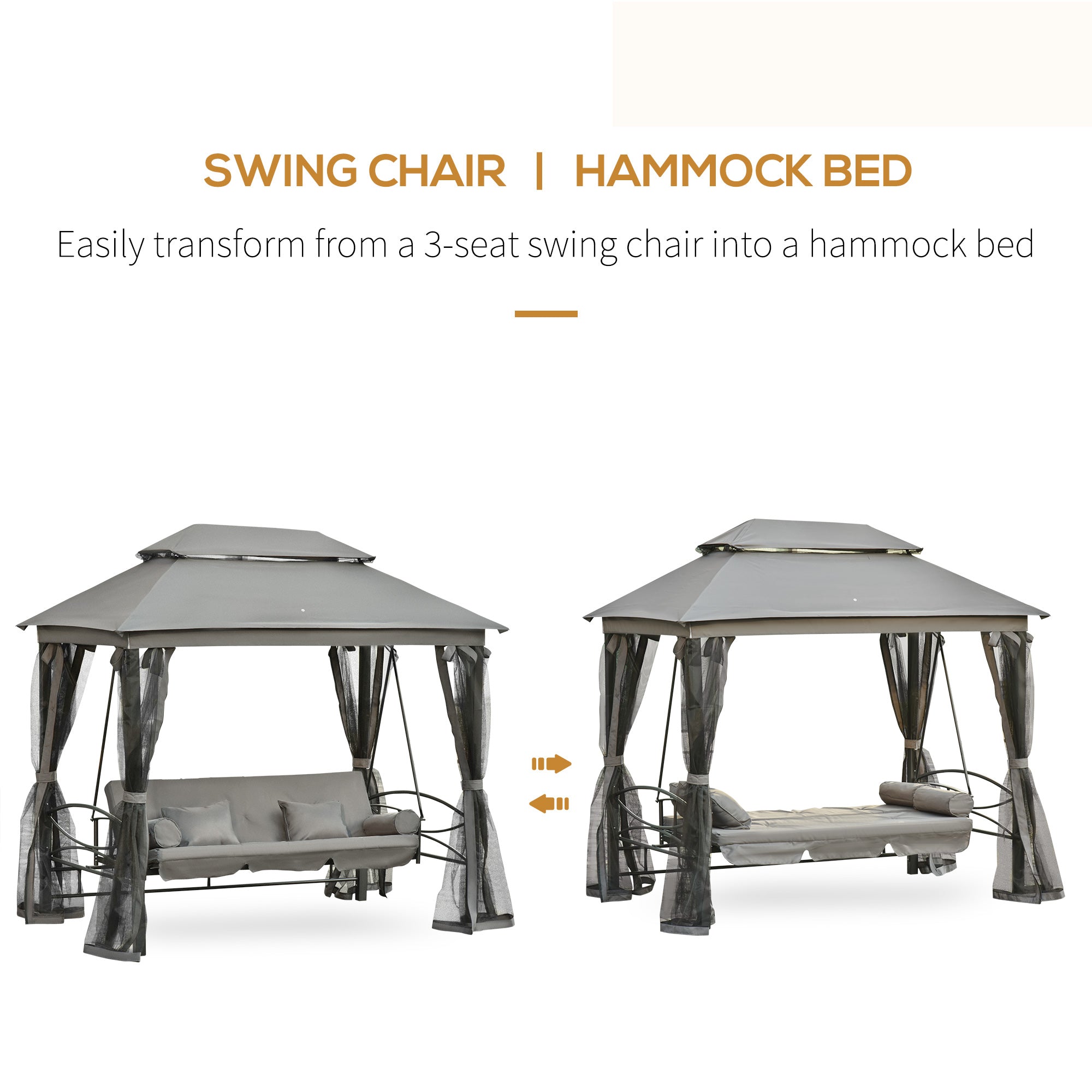 Outsunny 3 Person Outdoor Patio Daybed 3 in 1 Canopy Gazebo Swing Chair Garden Hammock with Mesh Mosquito Net and Sun Shade Grey 