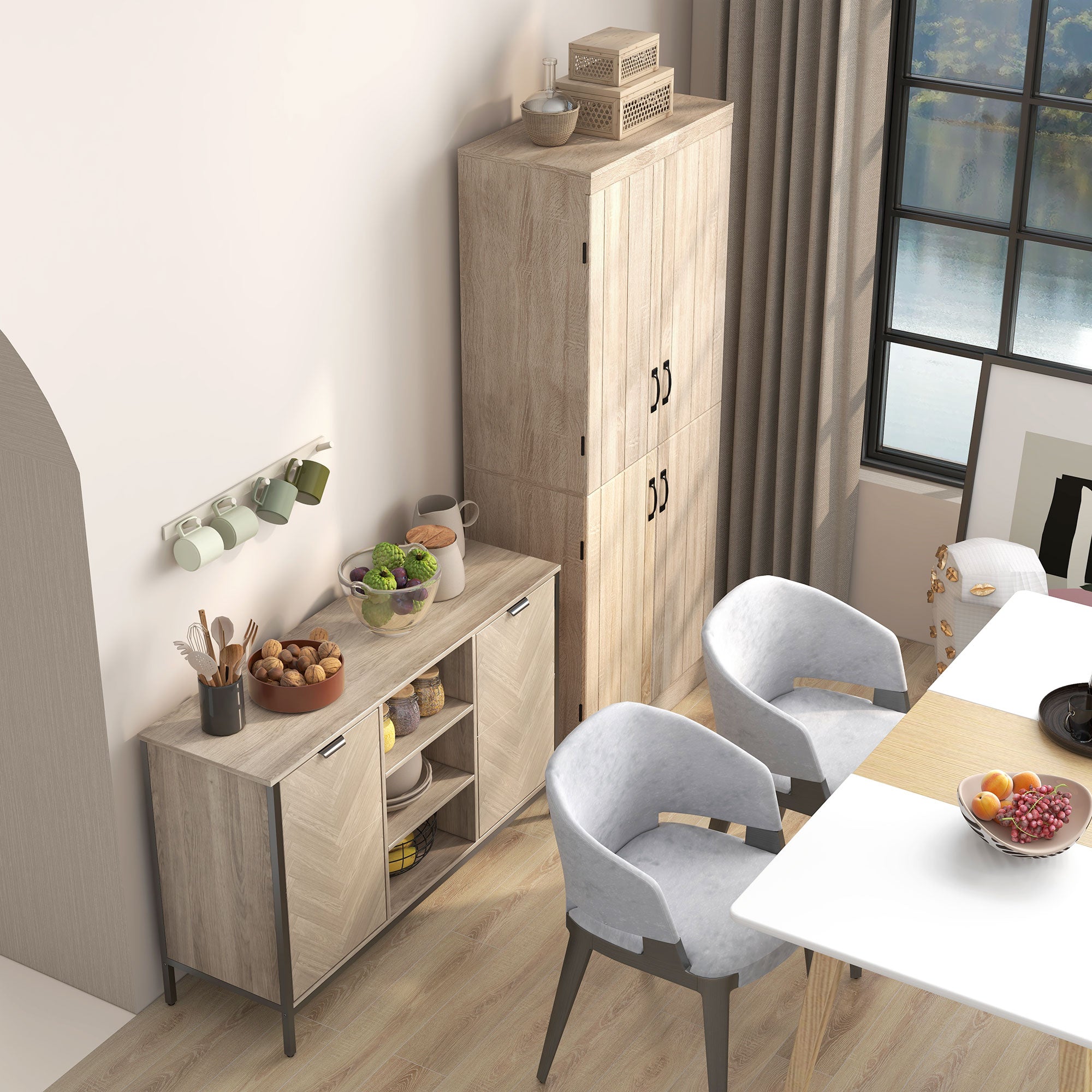 HOMCOM Oak Tone Buffet Storage Cabinet: Sideboard Bar Cabinet with 2 Doors and Adjustable Shelves for Dining Room, Kitchen 