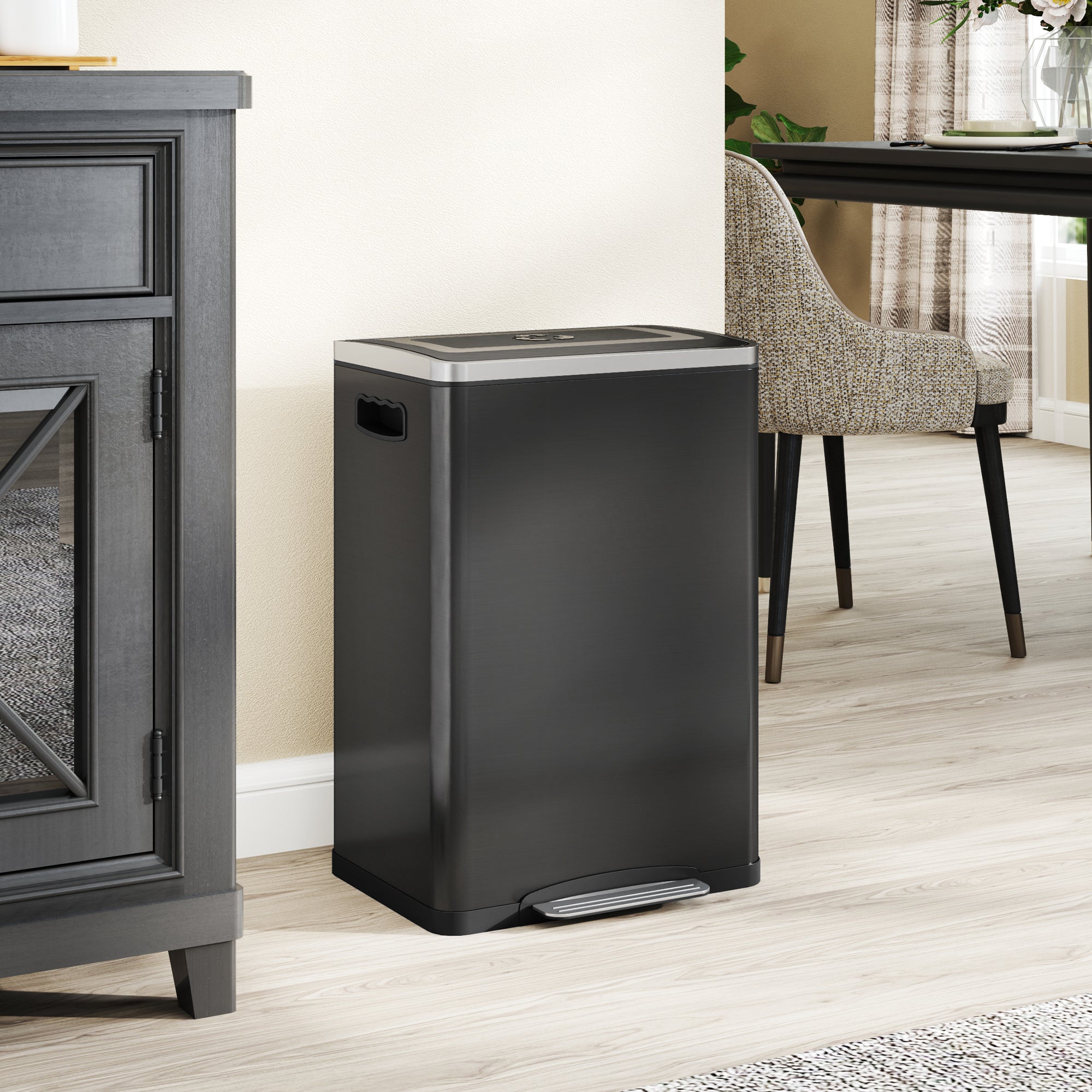 HOMCOM 2 x 20 Liter Garbage Bin, Stainless Steel Garbage Can with Soft-Close Lid and Removable Inner Buckets, Black 
