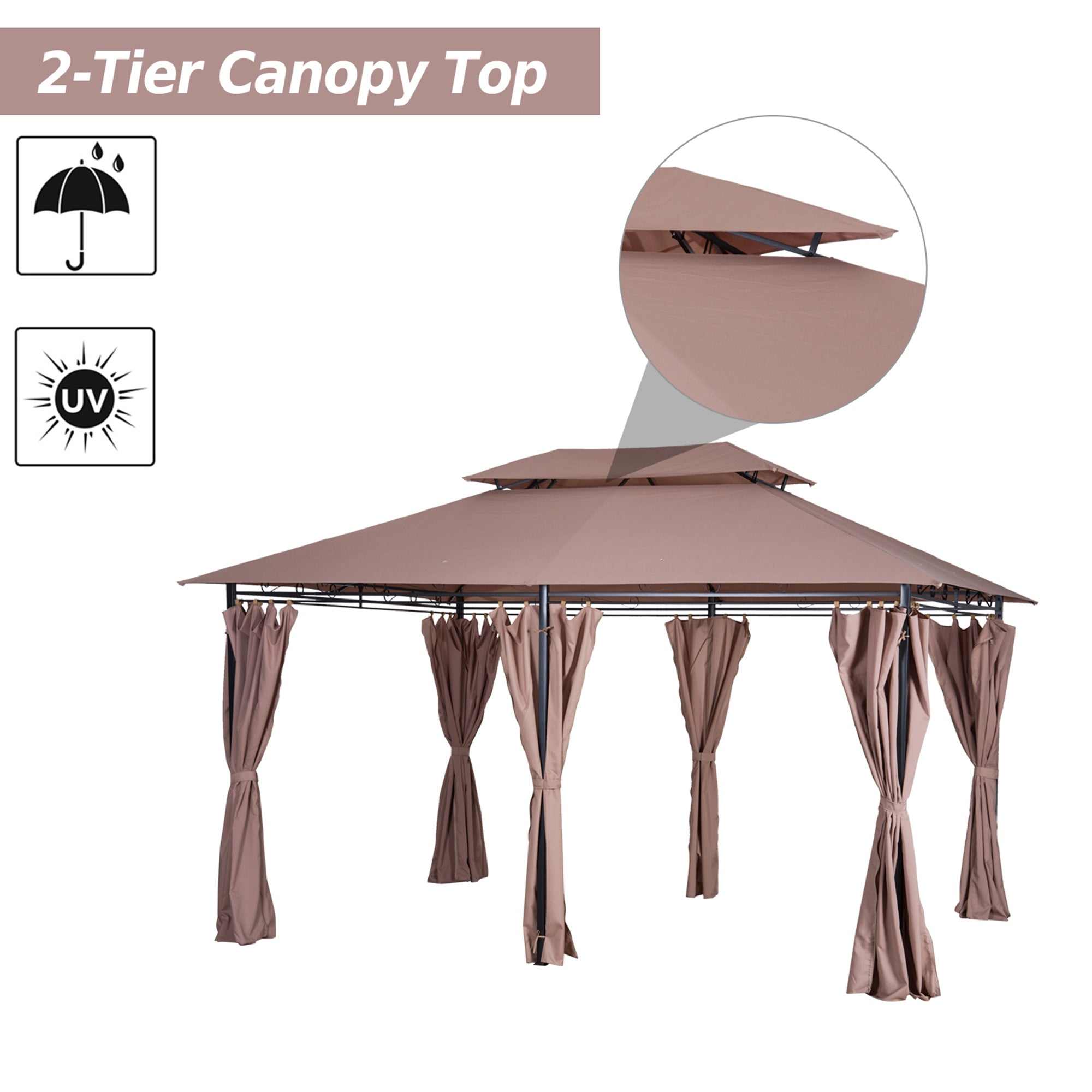 Outsunny 13' x 10' Soft-top Patio Gazebo Garden 2-Tiers Canopy Yard Sunshade Shelter with Curtains Khaki 