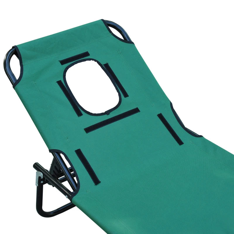 Folding Outdoor Lounge Chair, Portable Reclining Beach Lounger with Face Hole, Detachable Pillow, 3-Position Adjustable Backrest, For Patio, Garden, Poolside, Green