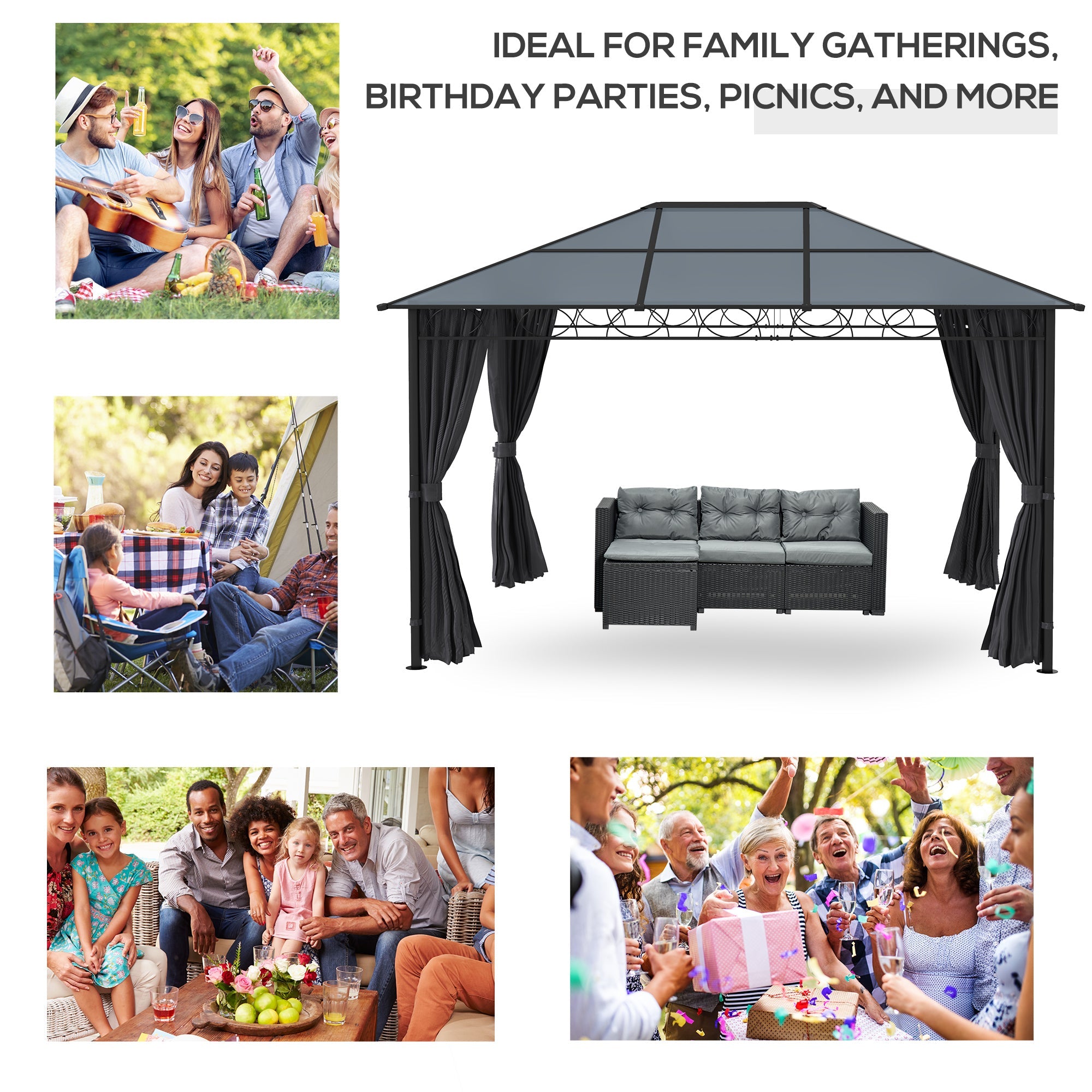 Outsunny 10' x 10' Polycarbonate Hardtop Gazebo Canopy, Outdoor Patio Gazebo with Aluminum Frame & Curtains, Dark Grey 