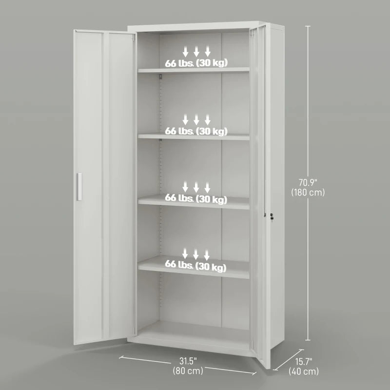 71" Tall Garage Cabinet, Metal Storage Cabinet with 2 Doors, 4 Adjustable Shelves for Home Office, Study, Garage, White
