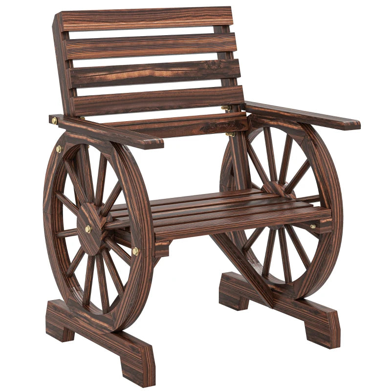 Wood Outdoor Patio Chair, Lounge Chair with Wagon Wheel Armrests, Slatted Wide Seat, Slanted Backrest, Carbonized