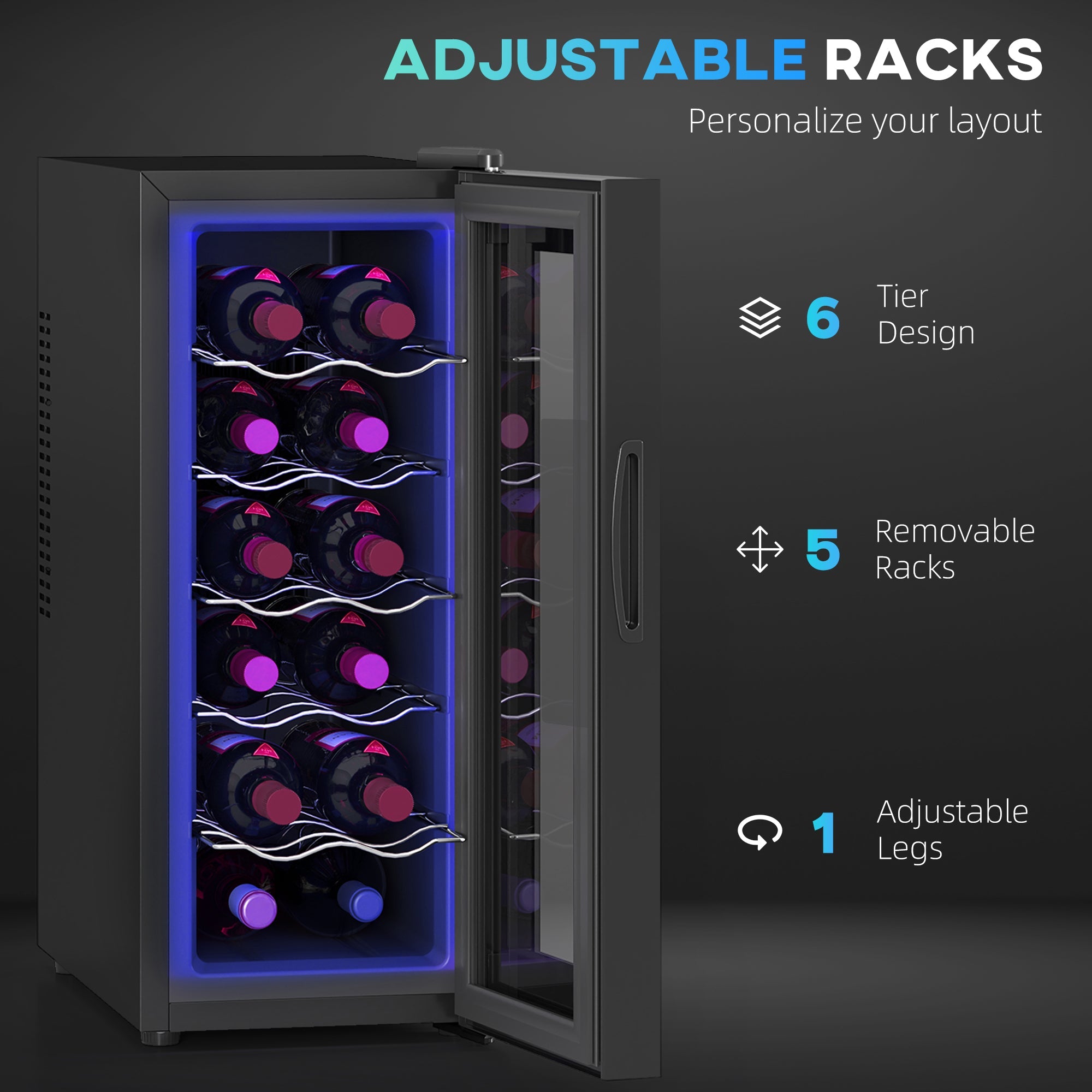 HOMCOM Wine Fridge, 12 Bottle, Under Counter Drinks Beer Wine Cooler with Glass Door, LED Light, Temperature Control 