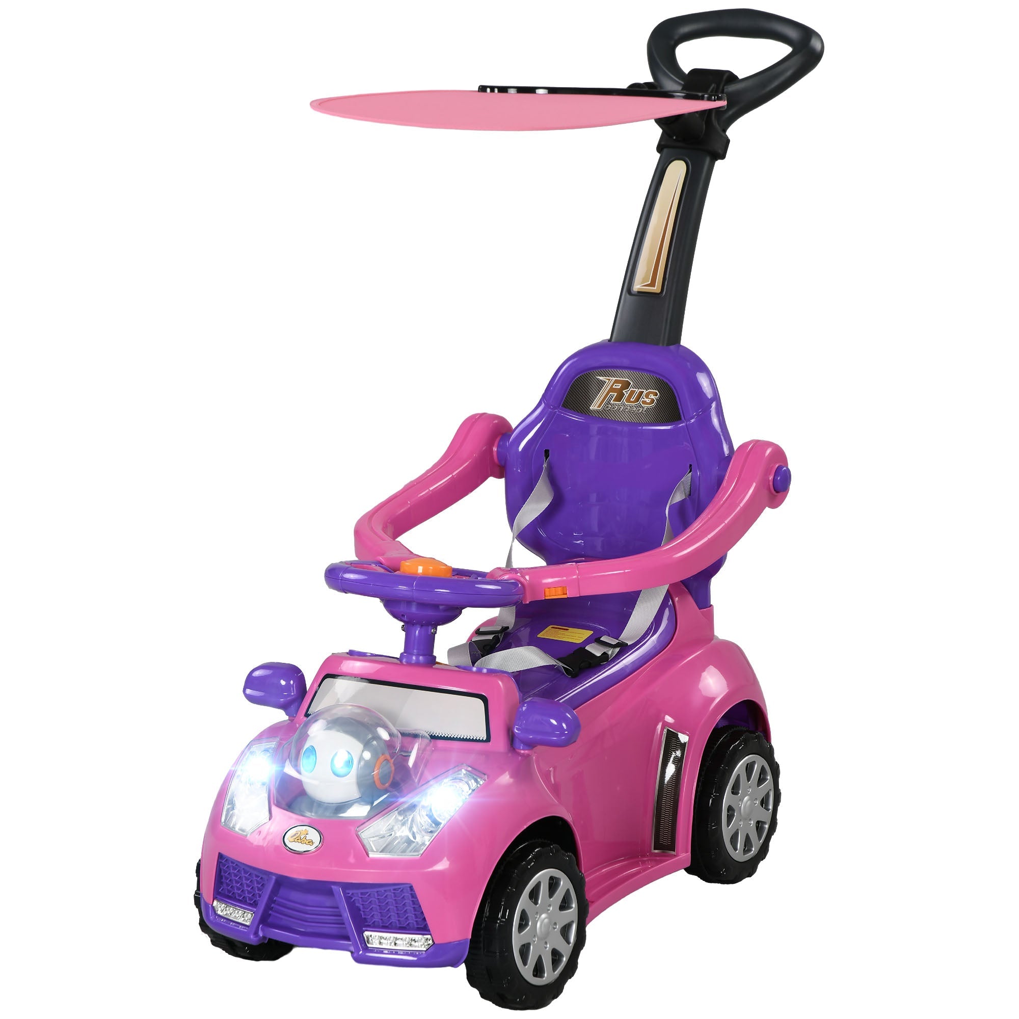 Qaba 3 in 1 Kids Push Car Toddler Sliding Car, Foot to Floor Design with Music, Light, Handle, Removable Canopy, Pink 