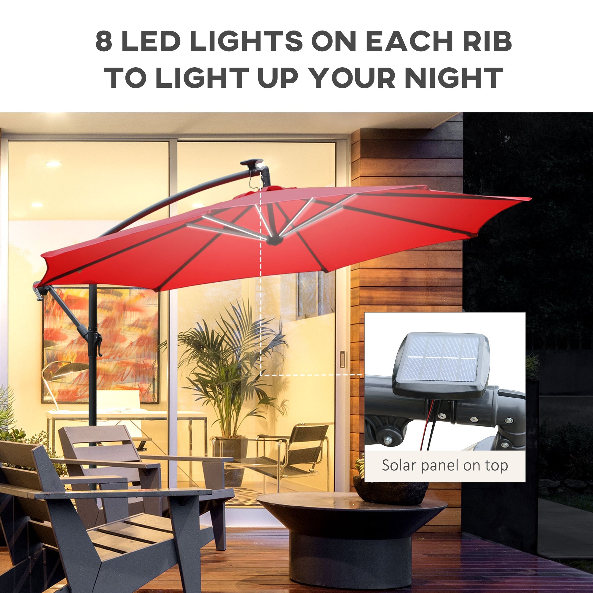 Outsunny 10ft Solar LED Cantilever Umbrella: Red Hanging Offset Market Parasol with Crank Feature 