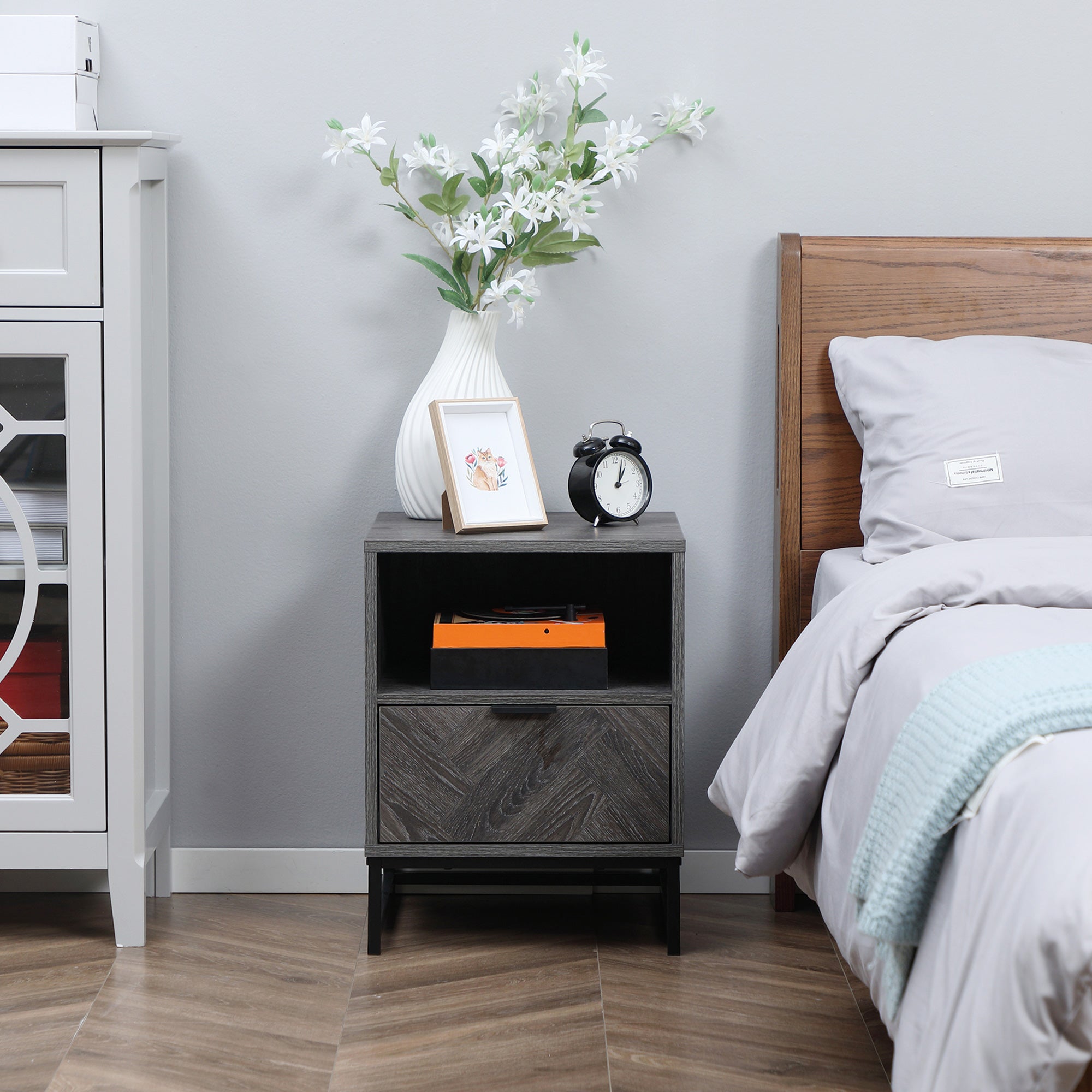 HOMCOM Chic Simplicity: Bedside Table with Drawer Open Shelf, Sofa Side Table for Bedroom Living Room, Dark Grey Finish 