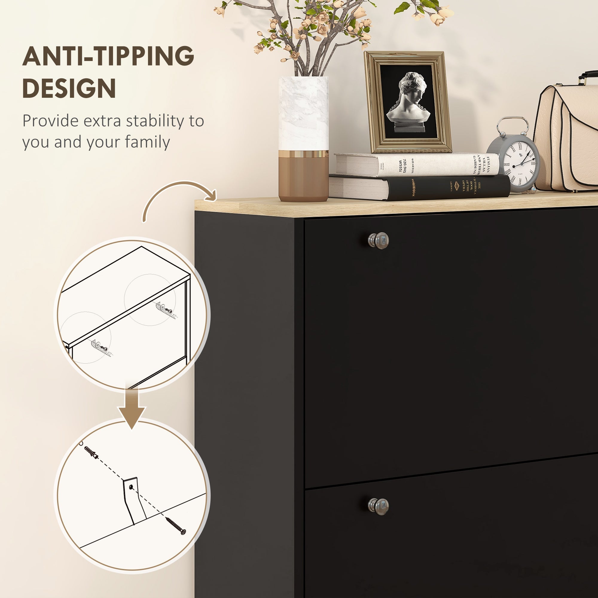 HOMCOM Narrow Shoe Storage Cabinet with 3 Flip Drawers Adjustable Shelves for 24 Pairs Black 