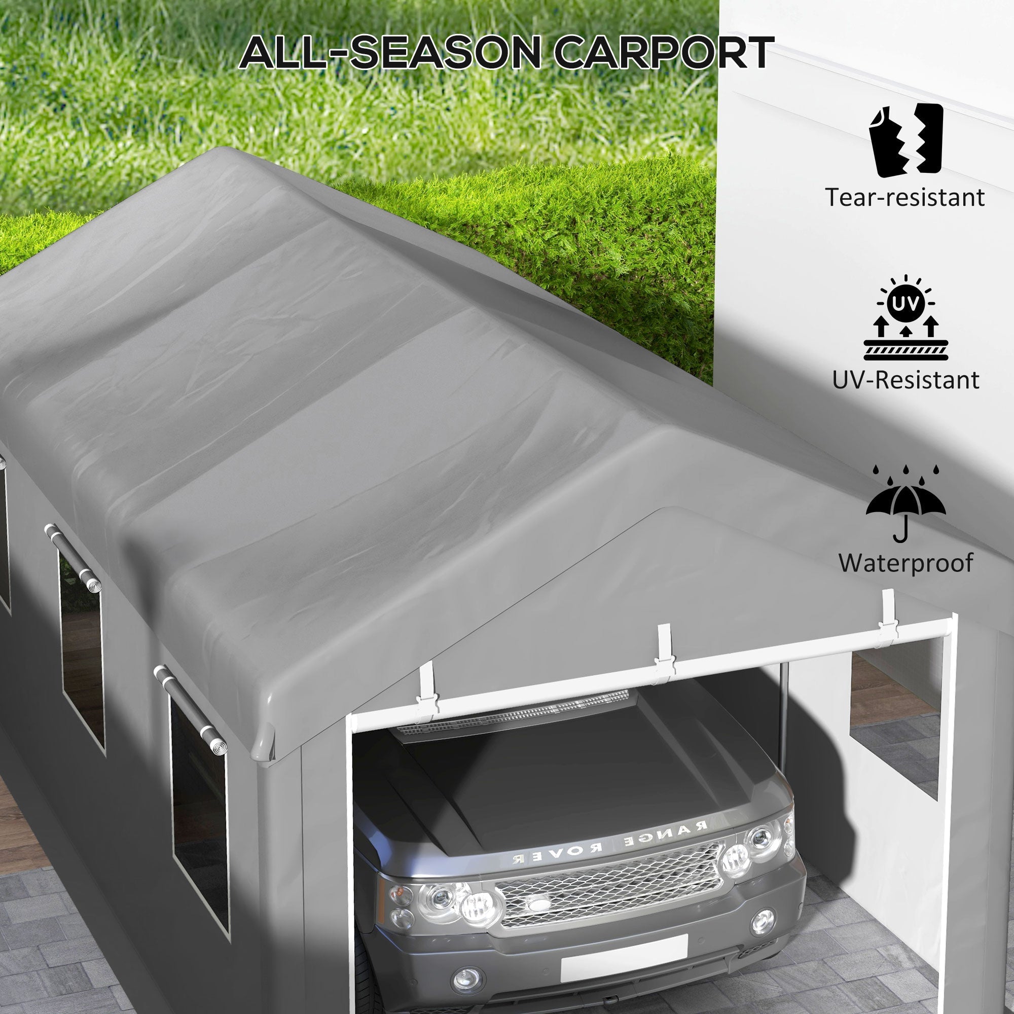 Outsunny Portable Carport 10'x20' Heavy Duty Garage Shelter with Mesh Windows Doors Grey 