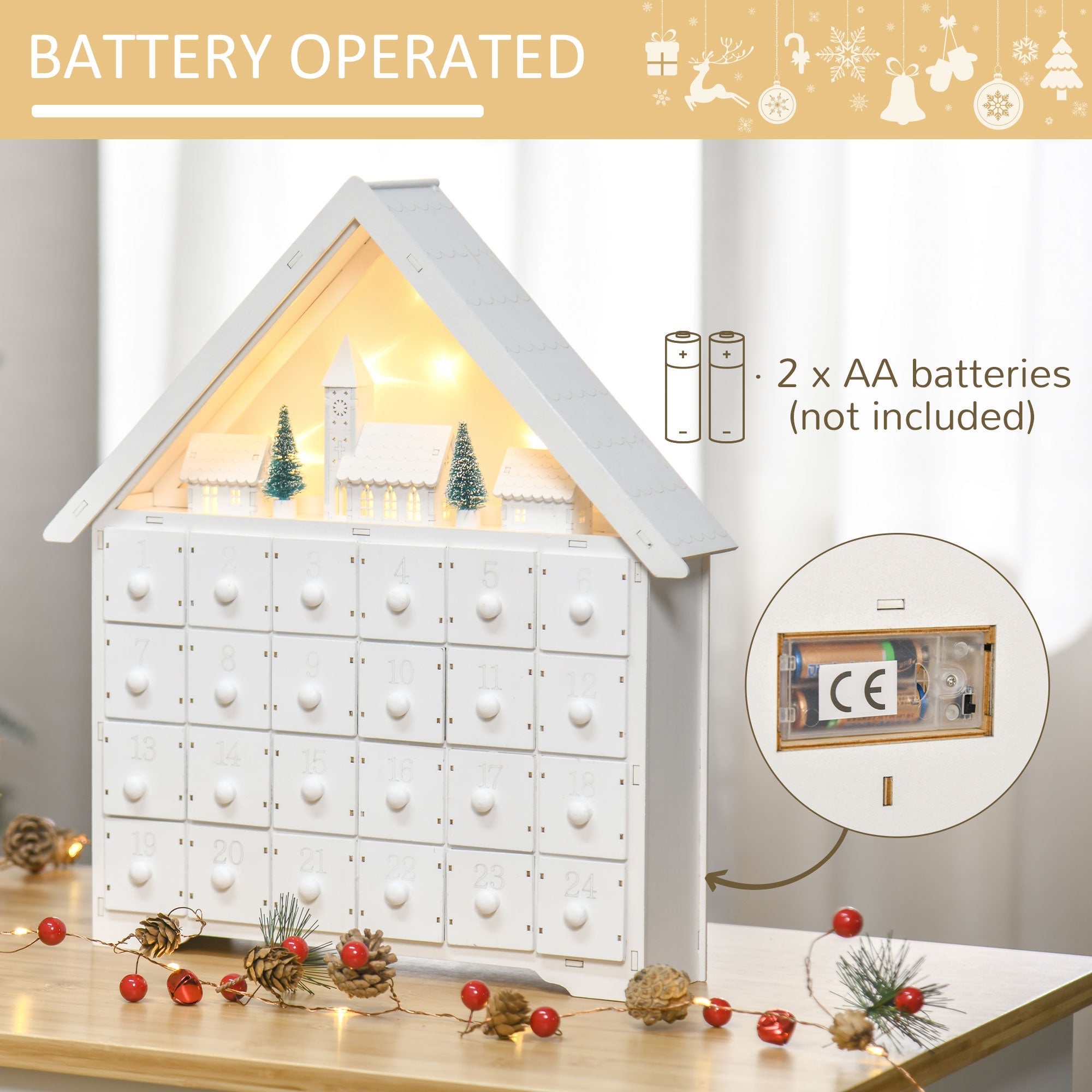 HOMCOM Light-Up Christmas Advent Calendar, Wooden Xmas House, Holiday Countdown with Drawer, Village Theme, White 
