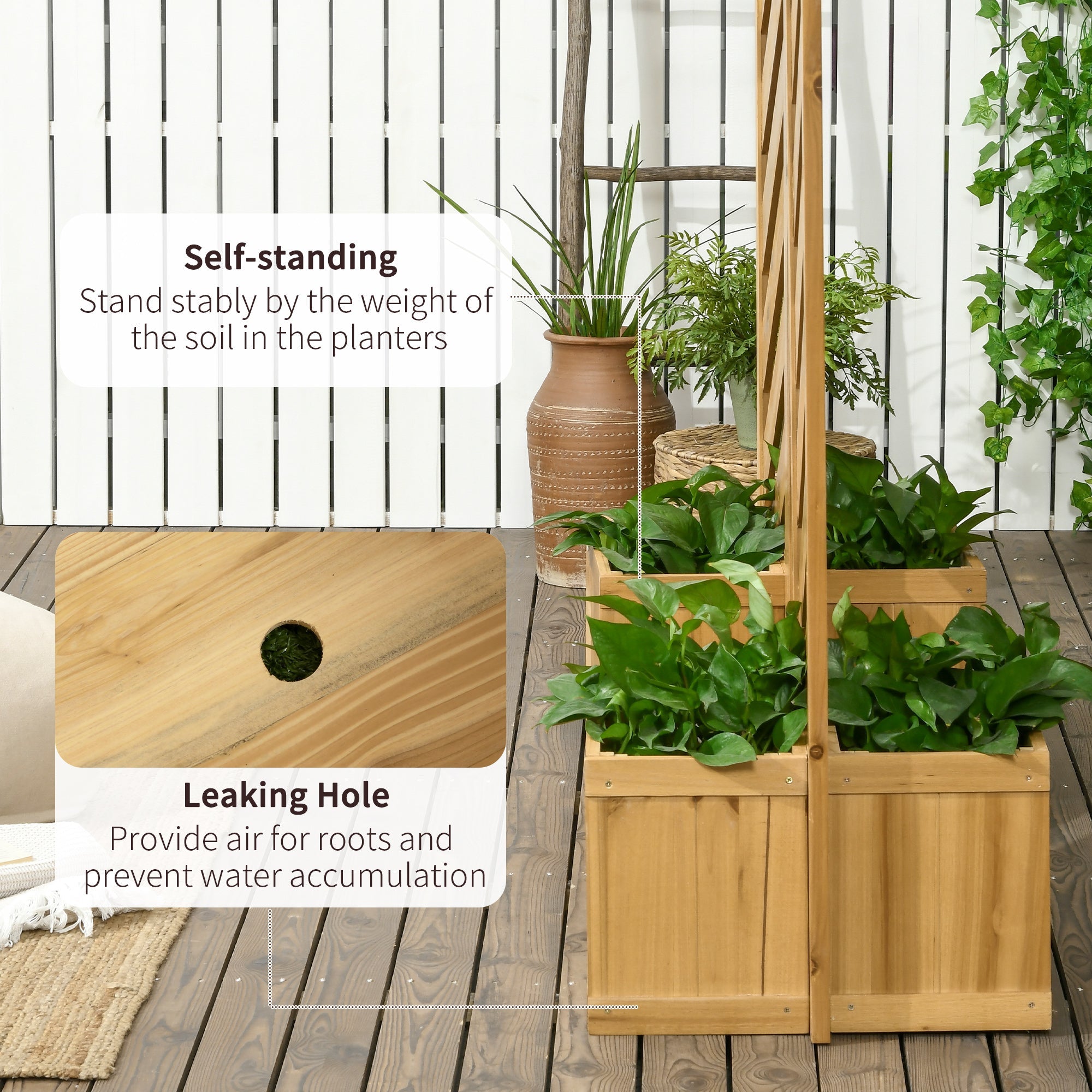 Outsunny Outdoor Privacy Screen with Raised Garden Beds 4 Self-Draining Panels for Pool Hot Tub Freestanding 