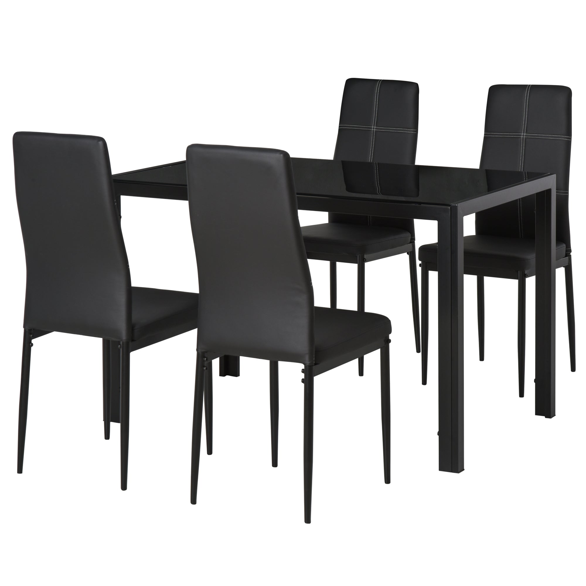 HOMCOM 5-Piece Rectangular Glass Dining Table Set for 4 with Metal Frame Faux Leather Chairs Kitchen Furniture Black 