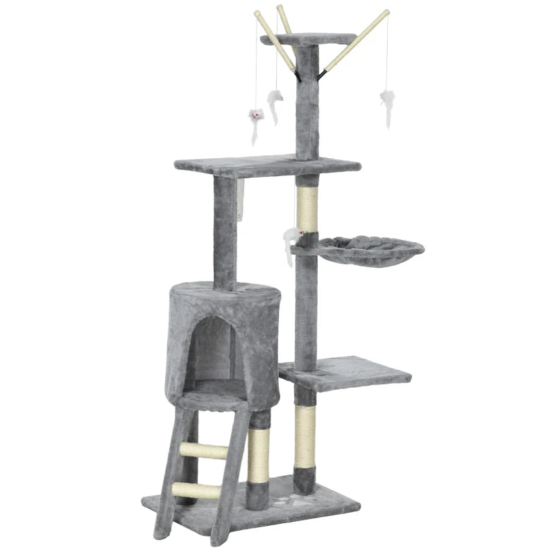 53" Cat Tree Tower, Kitten Activity Centre with Scratching Posts, Condo, Perches, Ladder, Hammock, Dangling Toys, Grey