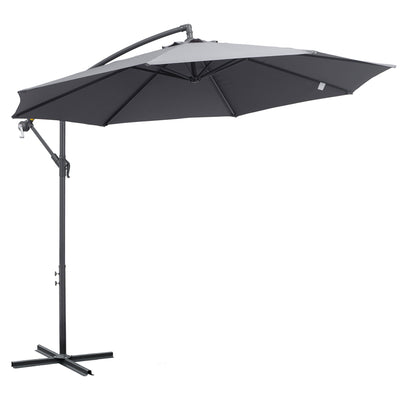 Outsunny Banana Hanging Rattan Umbrella Set: 10ft Cantilever Patio Sun Parasol with Base, Grey 