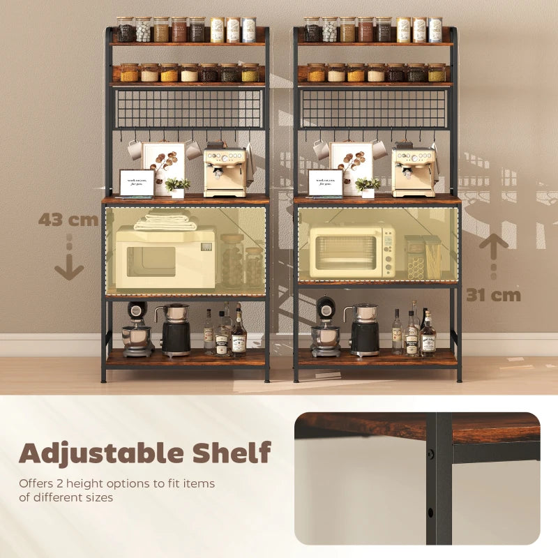 Kitchen Baker's Rack with Power Outlet and LED Light, 5-Tier Coffee Bar Station with 10 Hooks, Rustic Brown