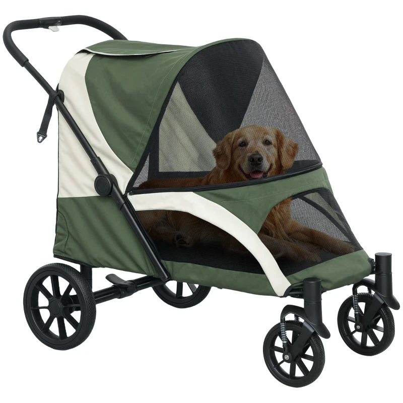 Foldable Pet Stroller for Large Dogs with Four Big Wheels, Shock-Absorbing Frame, Safety Leashes, Brakes, Dark Green