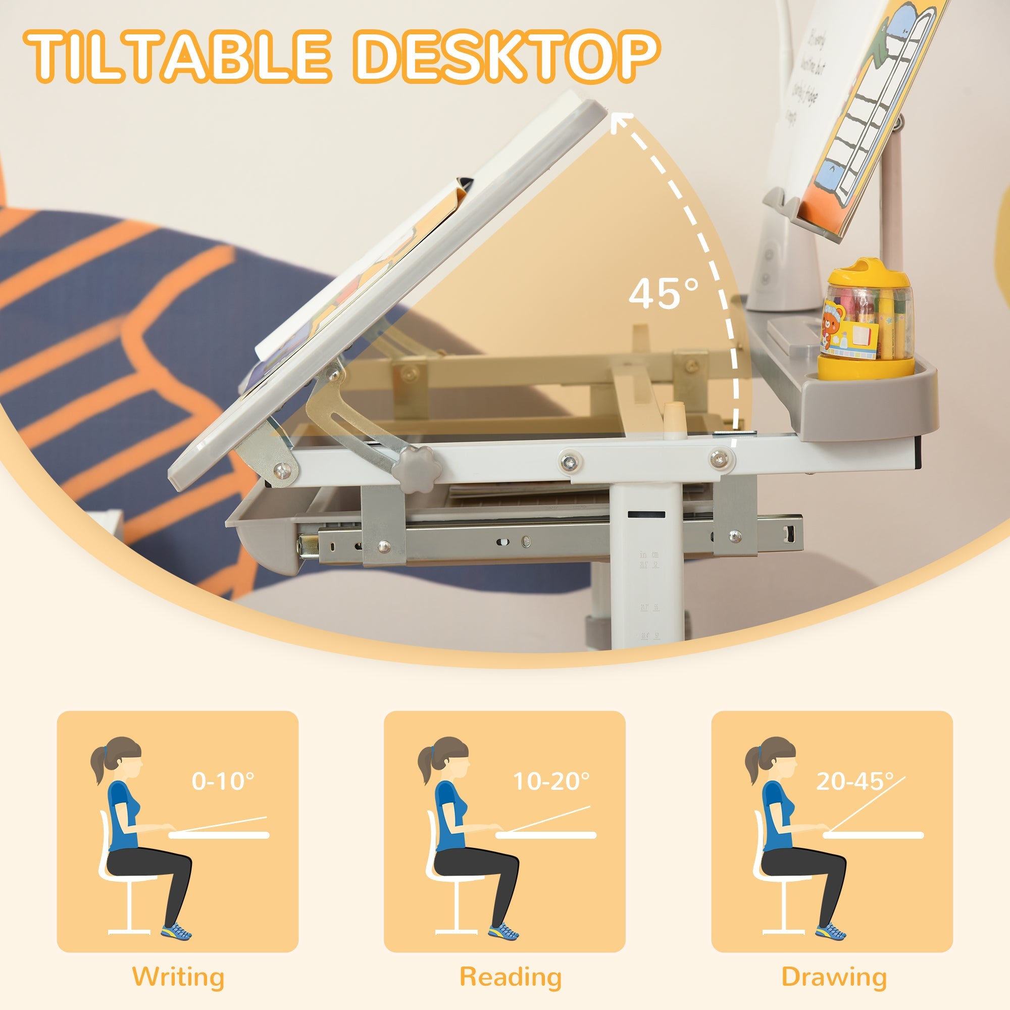 Qaba Kids Desk and Chair Set Height Adjustable Student Writing Desk Children School Study Table with Tilt Desktop, Grey 