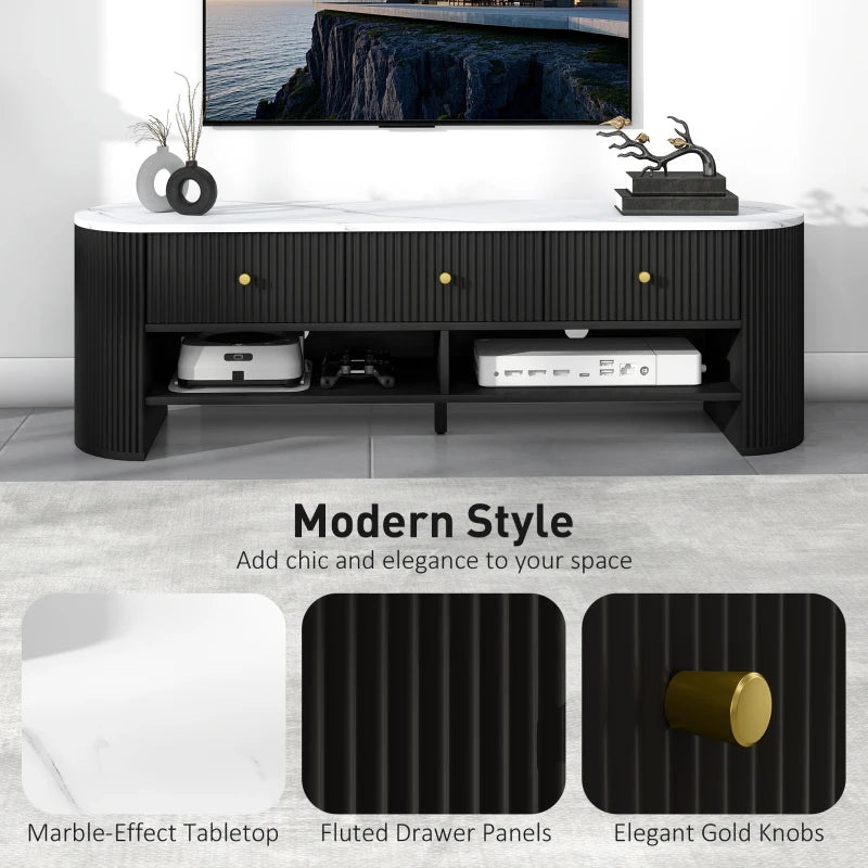 TV Stand, Modern TV Table with Marble-Effect Top, 3 Drawers and 2 Open Shelves for 32-65 Inch Television, Black