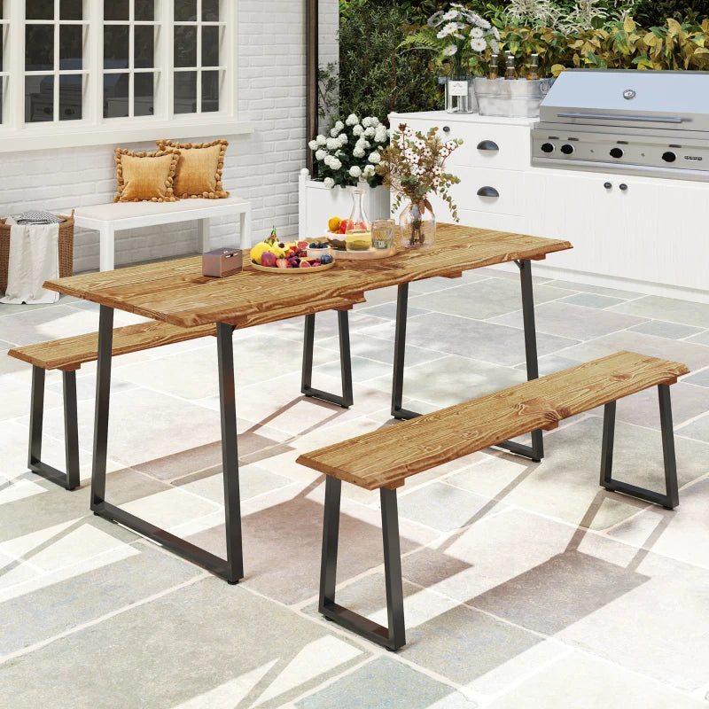 Picnic Table and Bench Set for 6 Persons with 2" Umbrella Hole, Slatted Top & Steel Frame, for Party, BBQ, Patio, Lawn