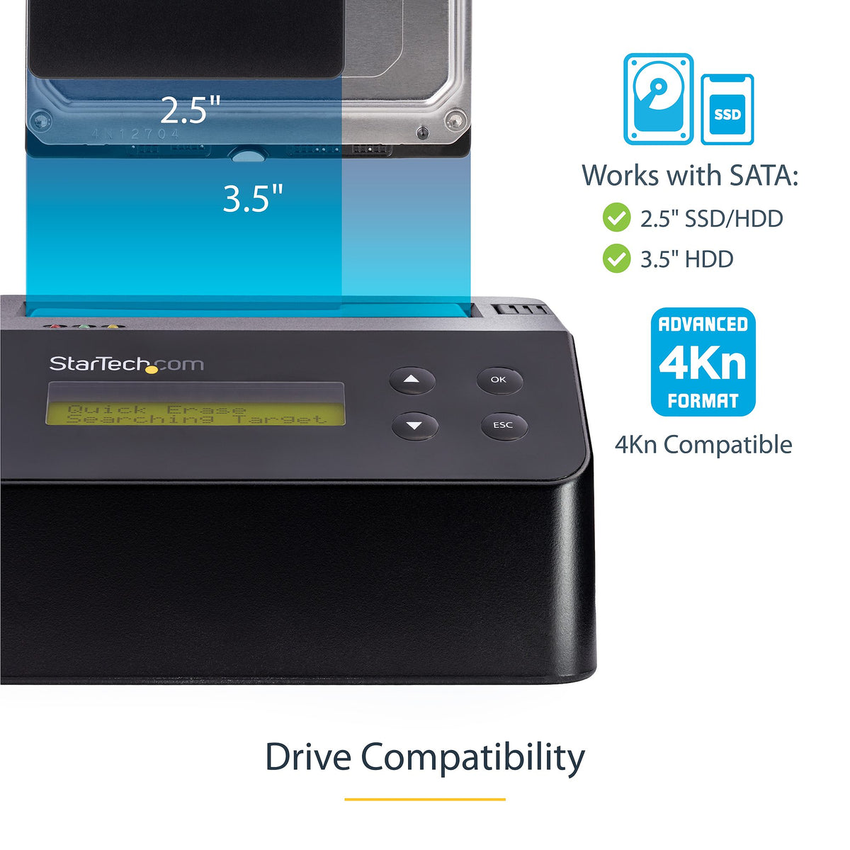 StarTech Single-Bay Hard Drive Eraser & Docking Station, Standalone HDD/SSD Sanitizer with LCD Display, USB 3.0, 9 Erase Modes & SATA III