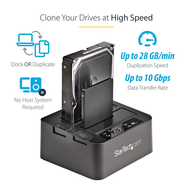 StarTech Dual-Bay Hard Drive Duplicator & Docking Station, Standalone HDD/SSD Cloner, USB 3.2 Gen 2 (10Gbps), SATA III