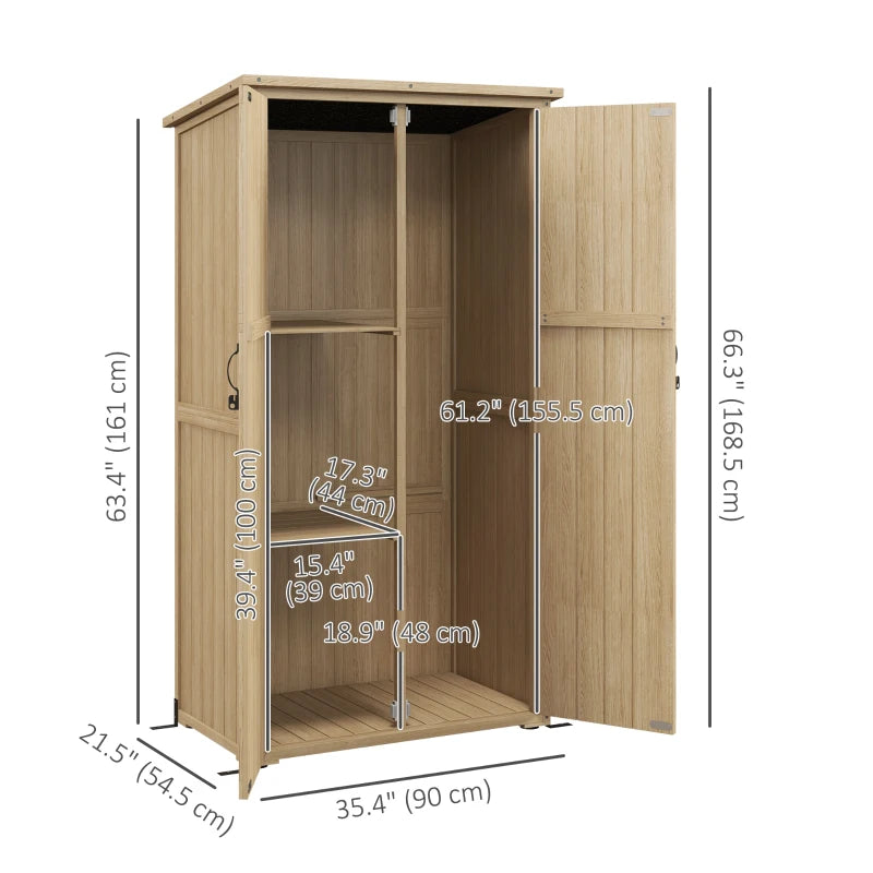 Wooden Outdoor Storage Cabinet Garden Shed with Waterproof Asphalt Roof and Lockable Doors, Natural