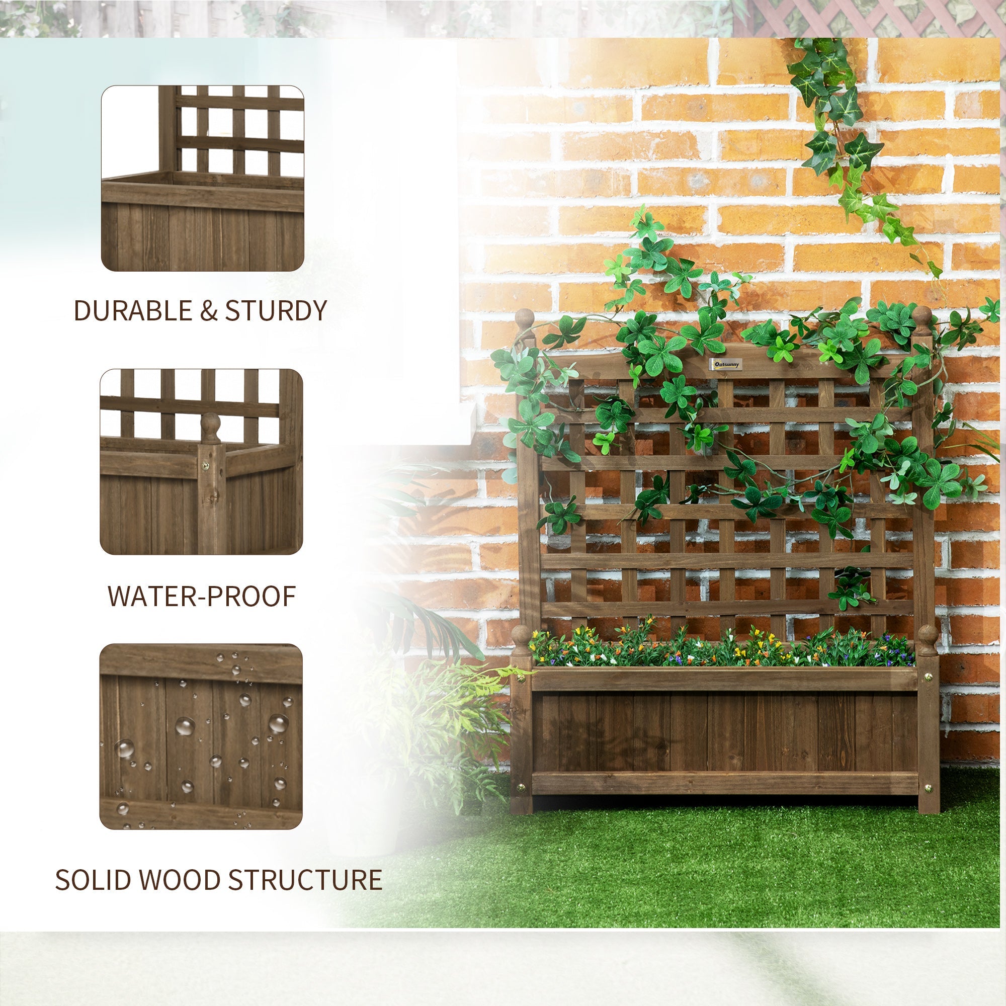 Outsunny Garden Planter with Trellis Wood Raised Bed for Climbing Plants Indoor Outdoor Coffee 