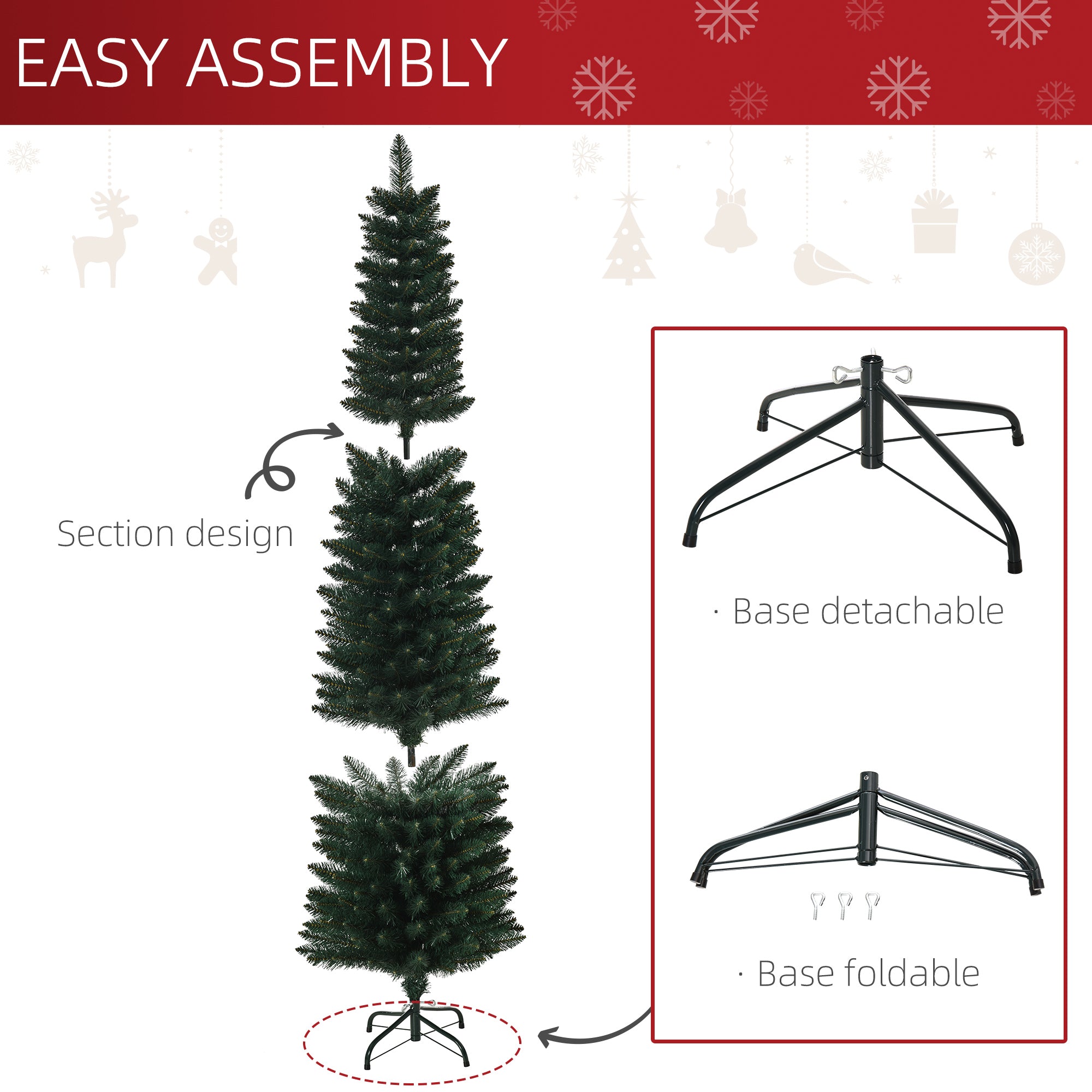 HOMCOM 6FT Artificial Christmas Tree Xmas Pencil Tree Holiday Home Indoor Decoration with Foldable Black Stand for Party, Green 