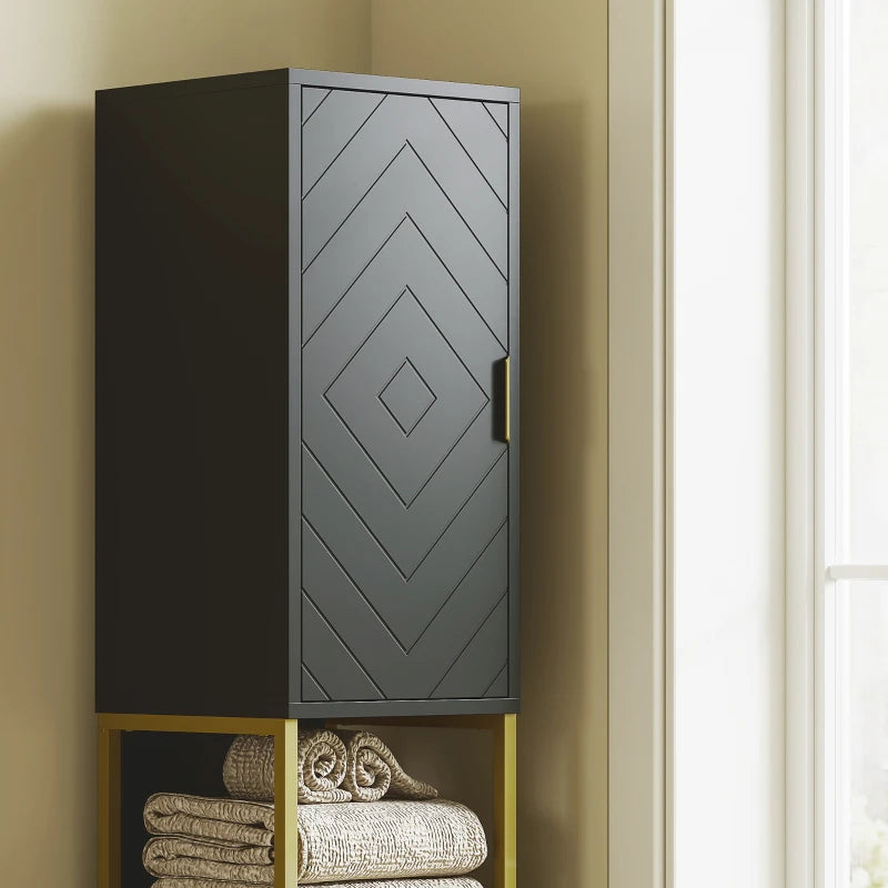 Tall Bathroom Storage Cabinet, Modern Narrow Bathroom Cabinet with Diamond Chevron Pattern and Adjustable Shelf, Black