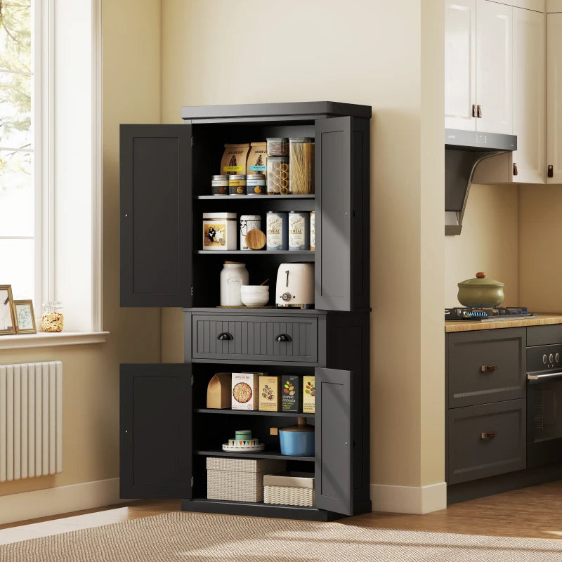 72" Kitchen Pantry, Freestanding Storage Cabinet with Drawer, Doors, Black