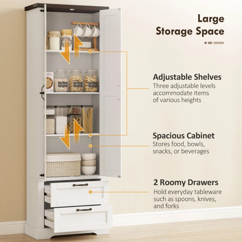 71" Tall Kitchen Pantry Cabinet, Farmhouse Kitchen Storage Cabinet with 2 Drawer and Adjustable Shelves, White
