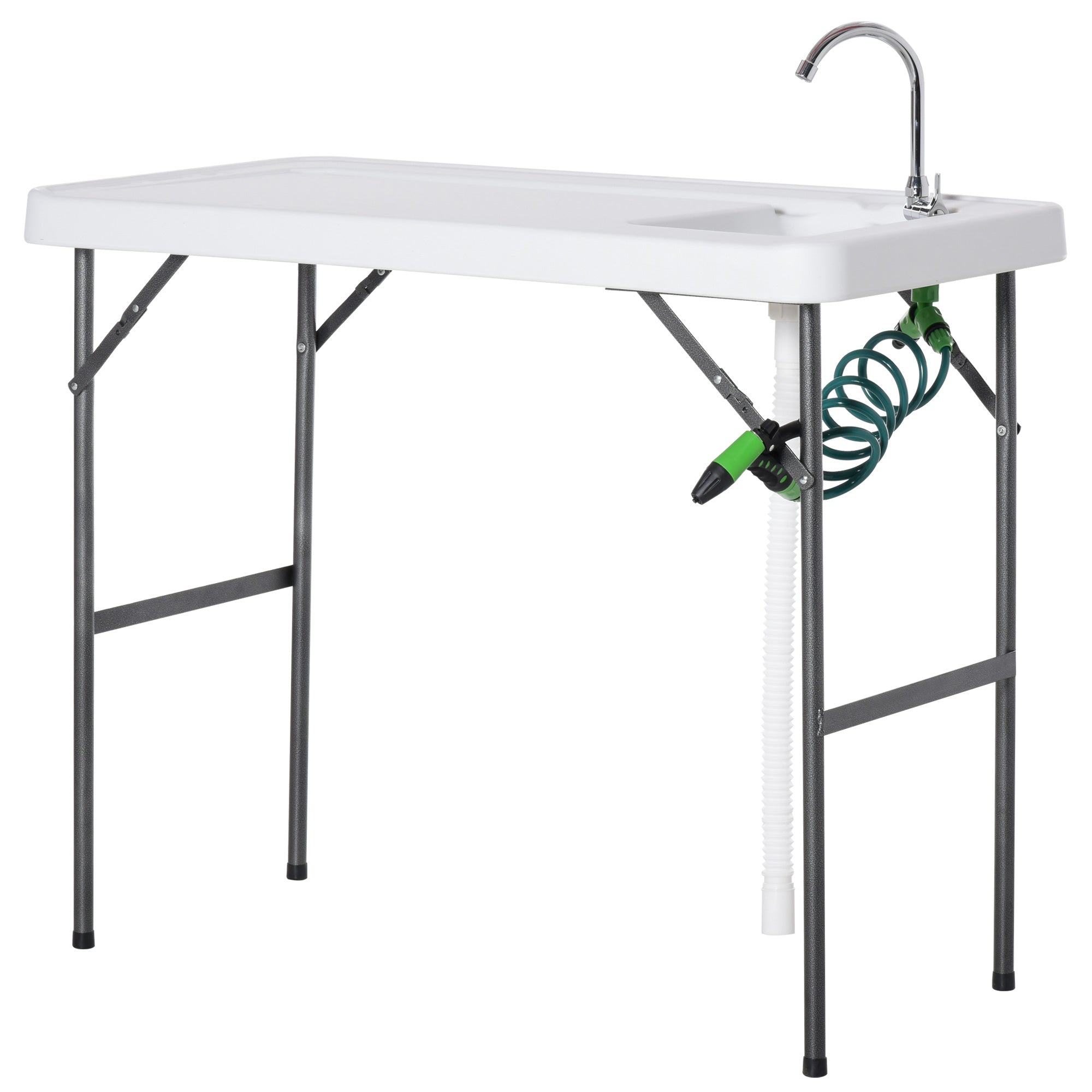 Outsunny Folding Fish Cleaning Table with Sink Faucet Spray Cleaner for BBQ Camping Picnic Garden 45"x23"x37" 