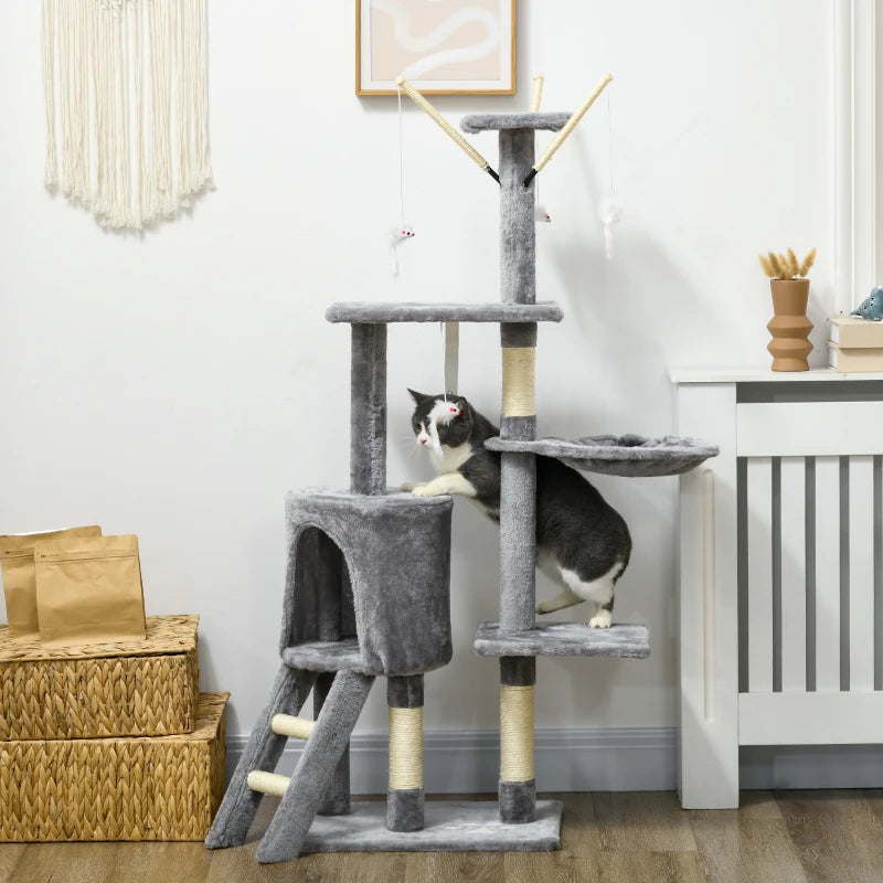 53" Cat Tree Tower, Kitten Activity Centre with Scratching Posts, Condo, Perches, Ladder, Hammock, Dangling Toys, Grey