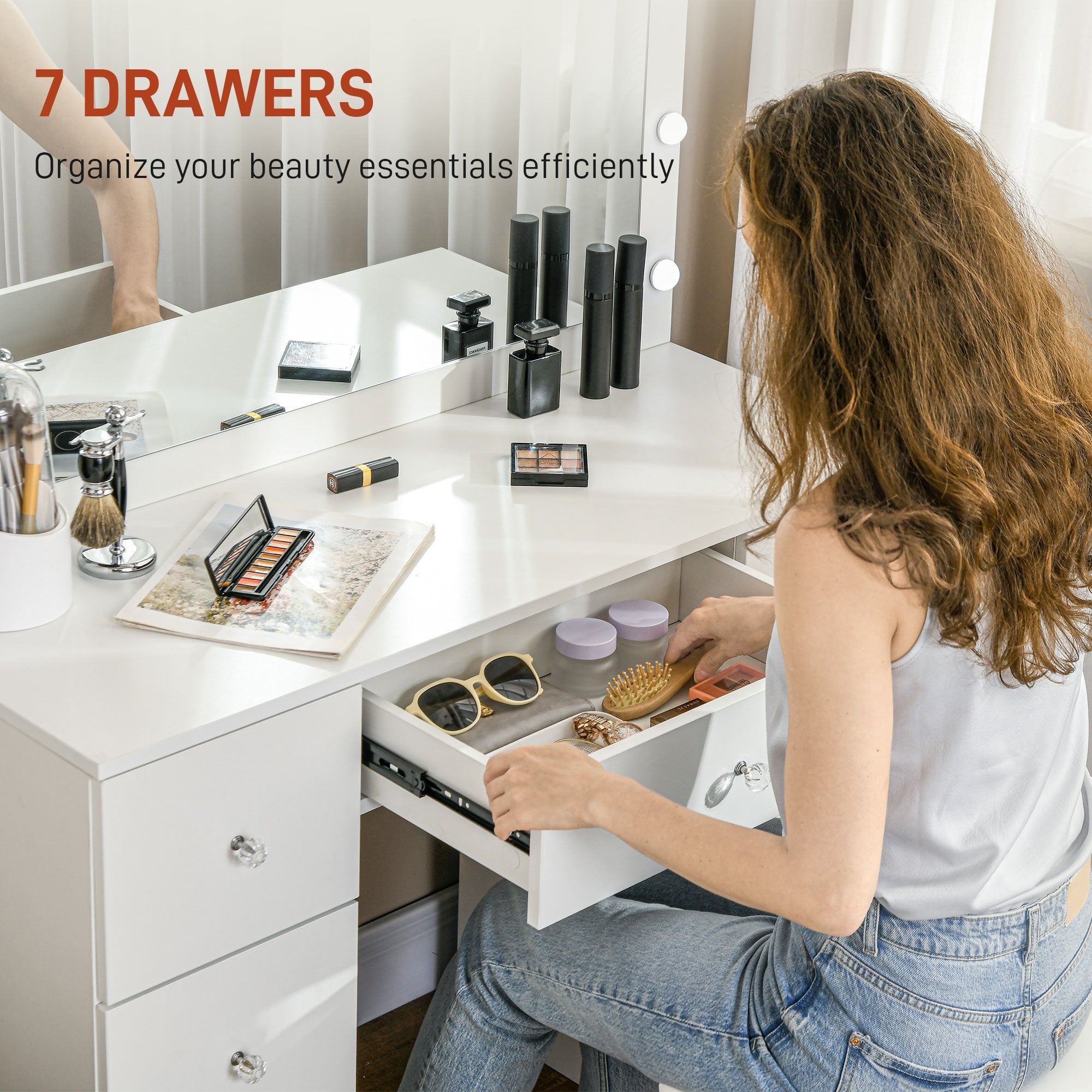 HOMCOM Makeup Vanity Table, Dressing Table with Mirror and Lights, Modern Makeup Table with 7 Drawers and 10 LED Lights, White 