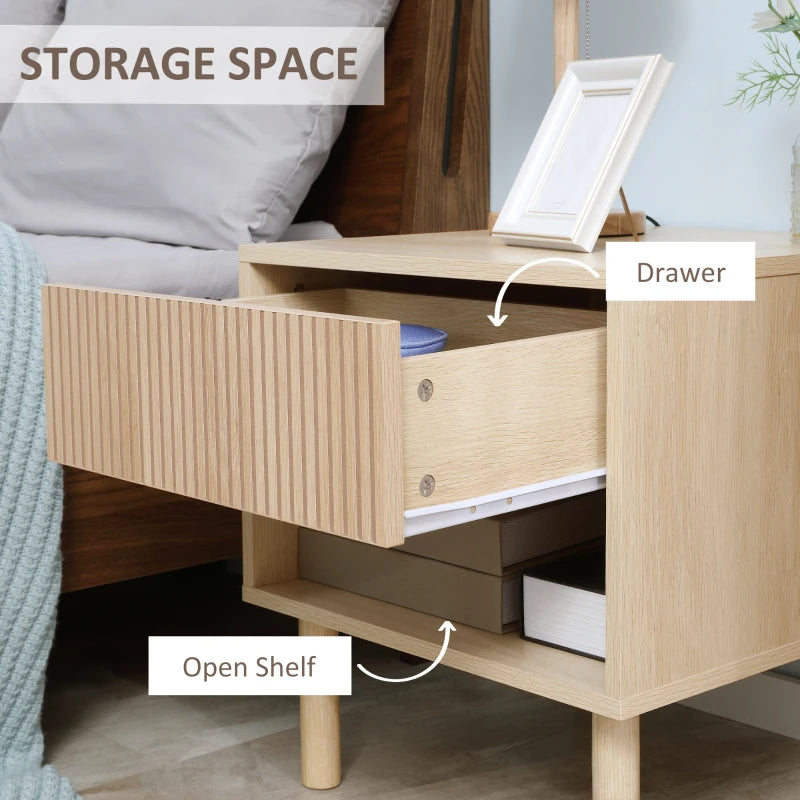 Modern Bedside Table with Drawer and Open Shelf, Sofa Side Table for Bedroom Living Room, Natural
