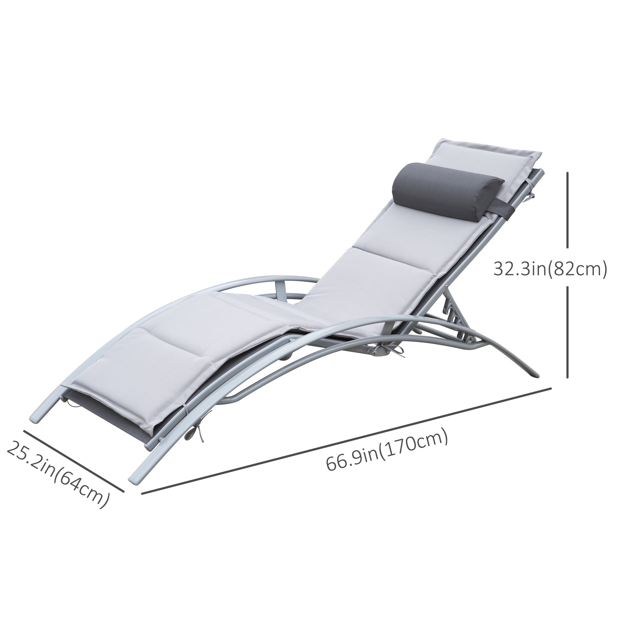 Outsunny Patio Tanning Chair with Cushion Grey Aluminum 5-Level Adjustable Backrest and Head Pillow 