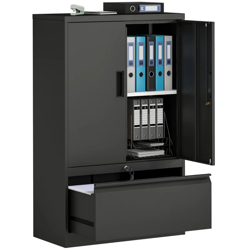 Lateral Filing Cabinet, Metal Storage Cabinet, Garage Cabinet with Double Locks, Adjustable Shelf and File Drawer, Black