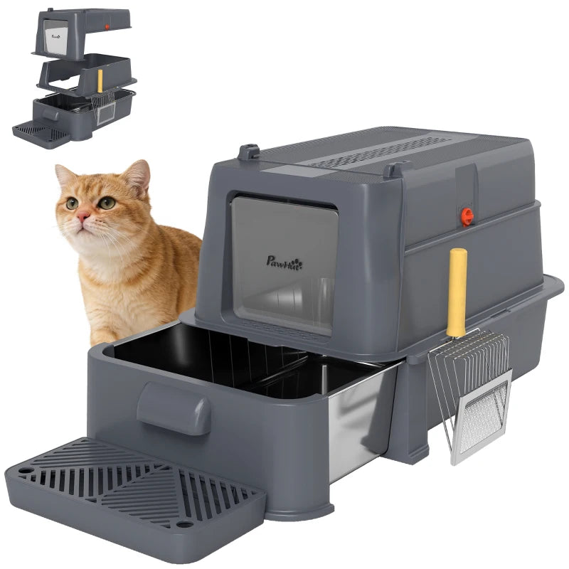 80L XL Stainless Steel Cat Litter Box for Big Cats with Flip Cover, Pull-Out Drawer Tray, High Sided, Pedal, Dark Grey