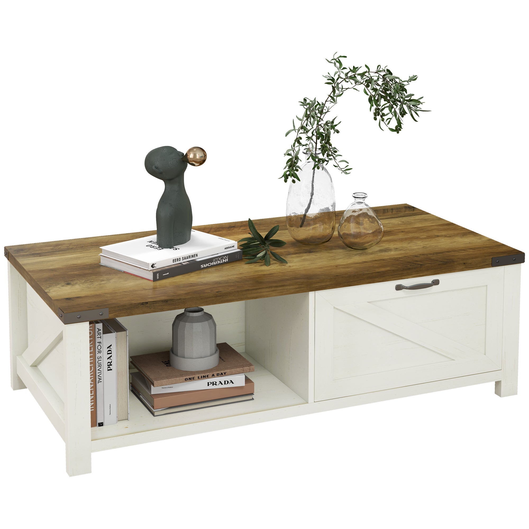 HOMCOM Rustic Farmhouse Coffee Table, Charming Living Room Centerpiece with Drawer & Storage Shelf, Cozy White 
