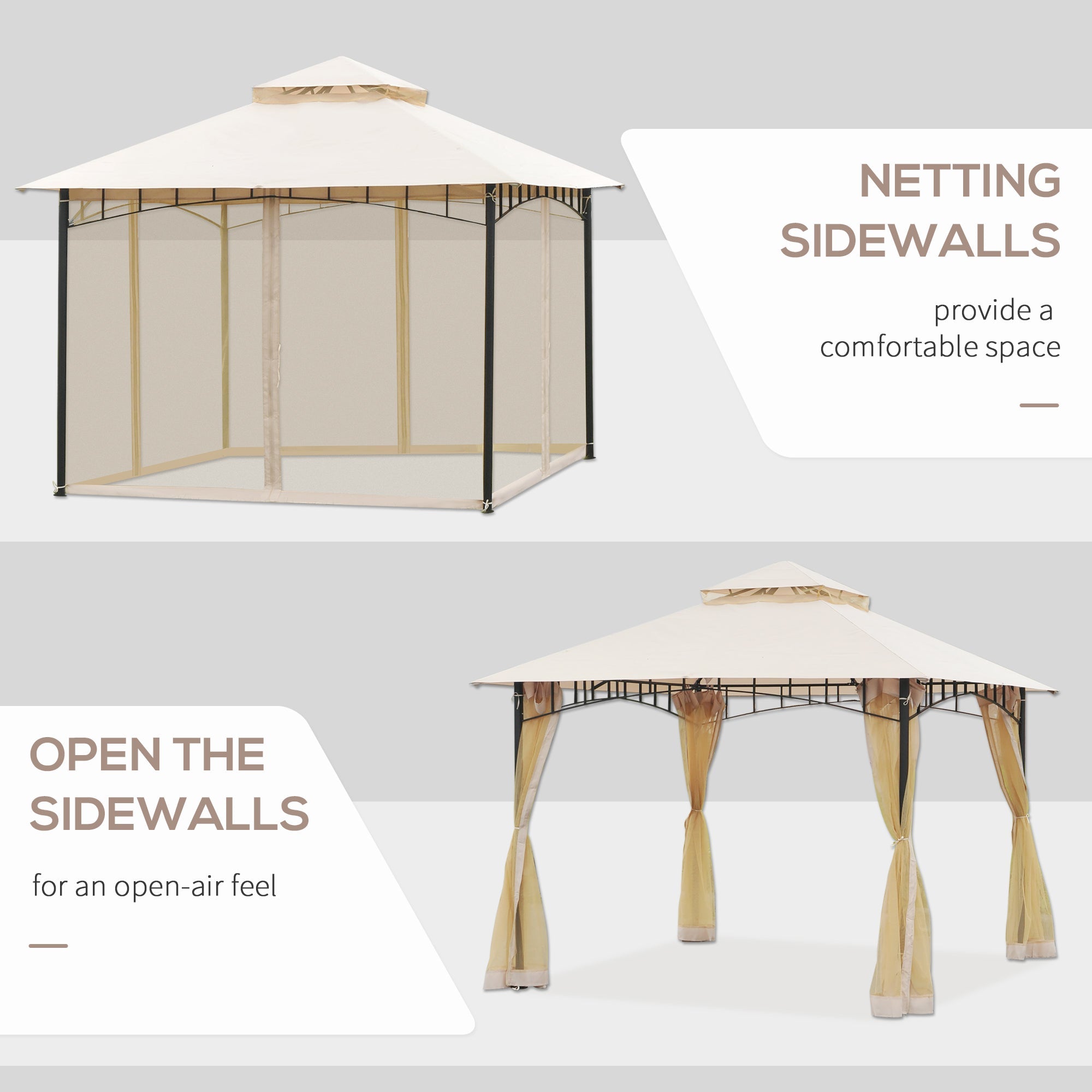 Outsunny 10x10ft Double Tier Garden Gazebo Canopy Outdoor Sunshade Tent Water-Resistant Anti-UV Roof with Metal Frame, Beige 