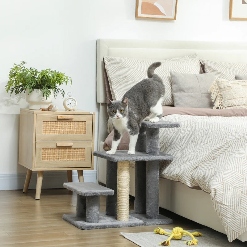 Cat Stairs with Sisal Scratching Post for High Bed Couch, Adjustable 3-Tier Pet Stairs, Grey