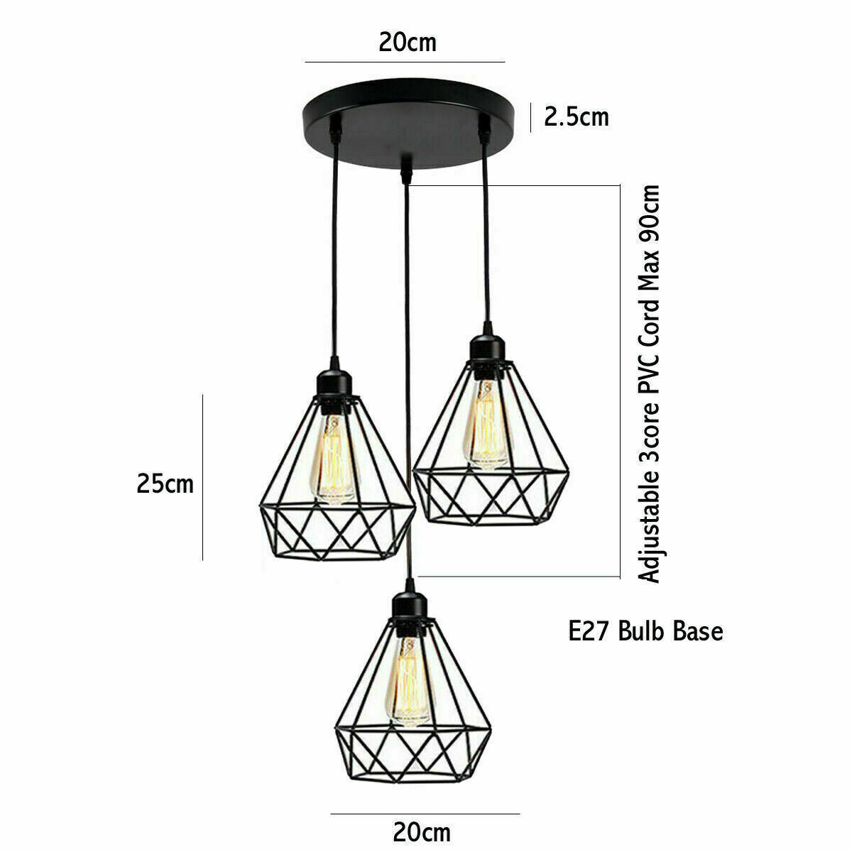 3-Lights Industrial Geometric Cage Hanging Pendant Light Fixture~1178