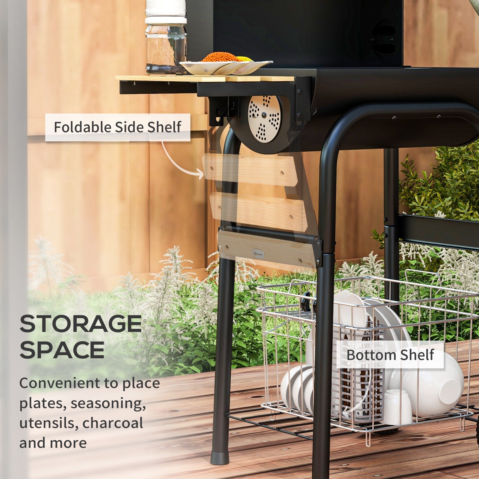 Outsunny Charcoal Barbecue Grill, BBQ with Thermometer, Shelves and Wheels, Black 