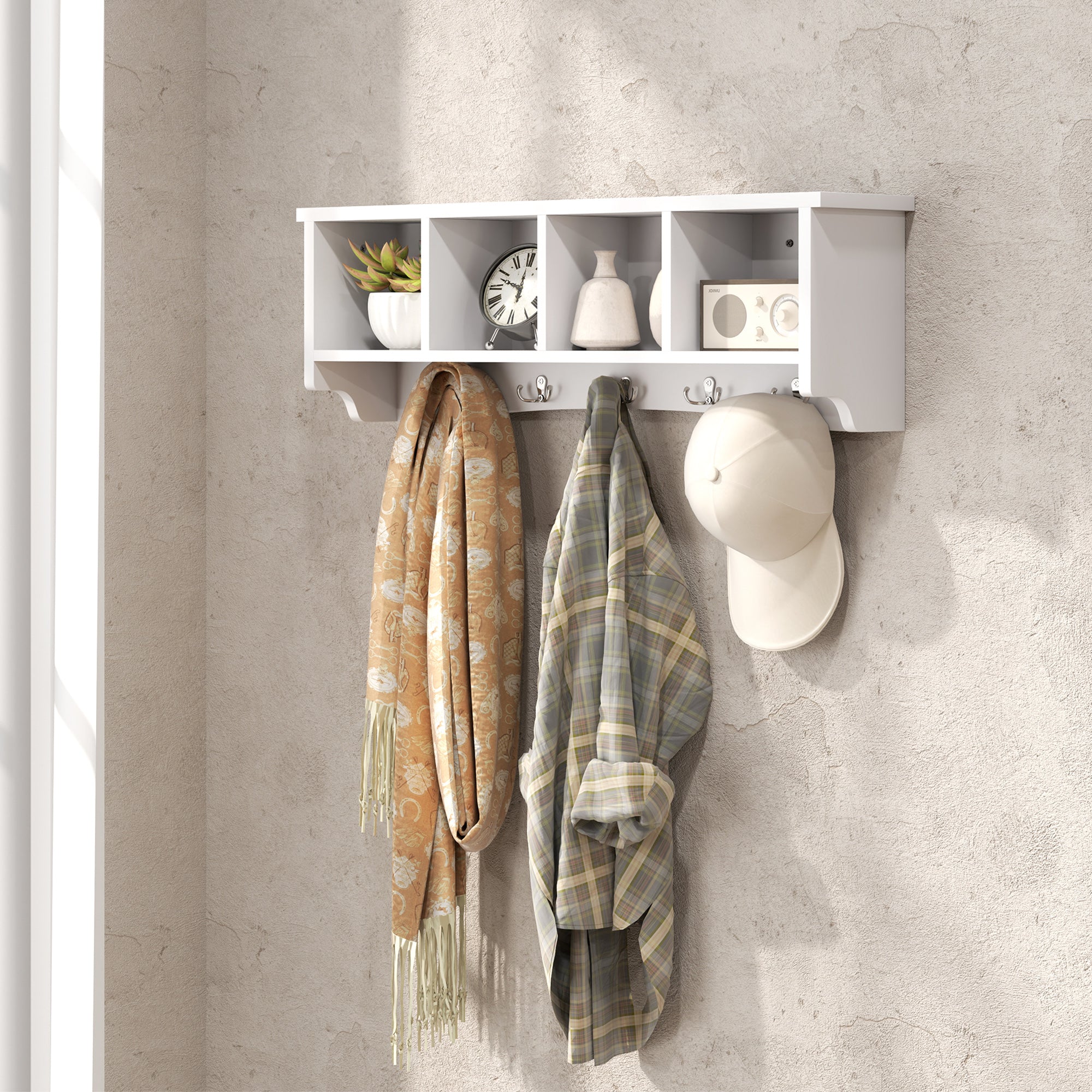 HOMCOM Coat Rack Wall Mount with Shelf, 28" Wall Coat Rack with 5 Hooks and 4 Compartments for Living Room, Entryway, White 