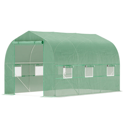 Outsunny 6.6' x 11' x 7' Walk-in Greenhouse Outdoor Plant Tunnel Warm Hot House w/ Roll Up Door and 6 Mesh Windows, Steel Frame, Green 