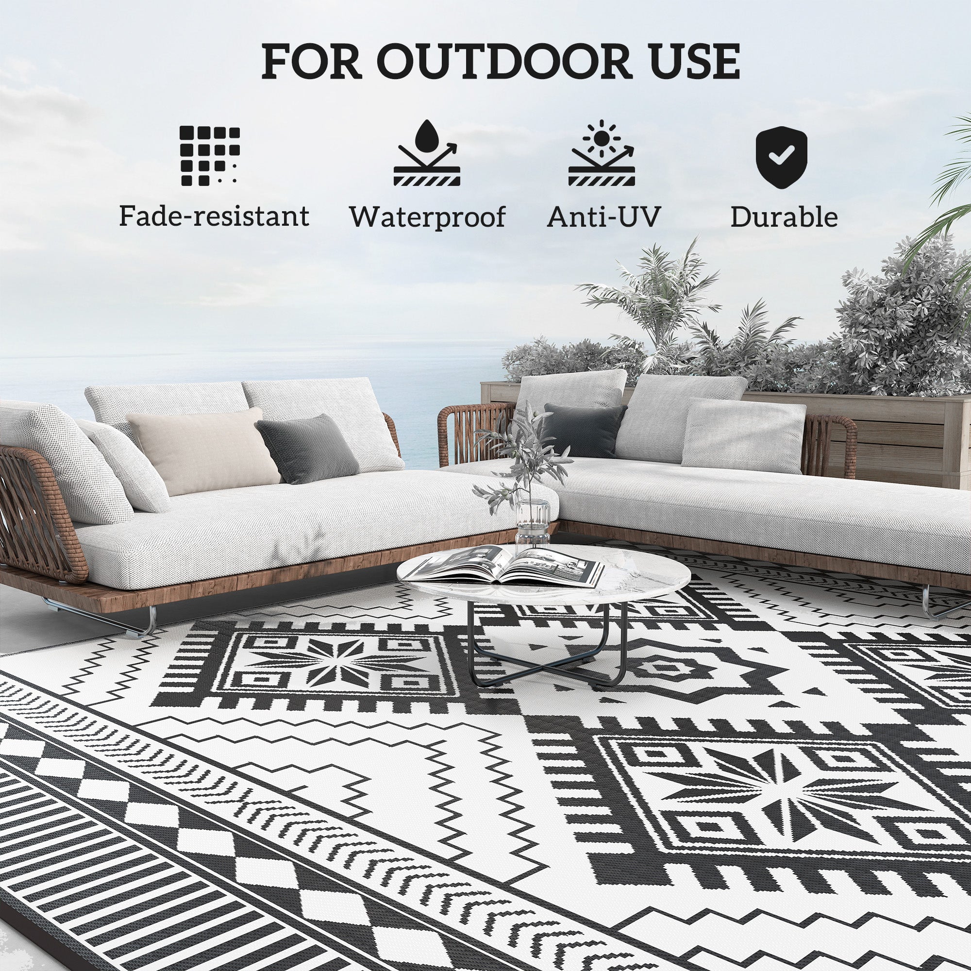 Outsunny 9' x 12' Outdoor RV Rug, Reversible Patio Floor Mat with Carry Bag, Toothed Rhombus, White and Black 