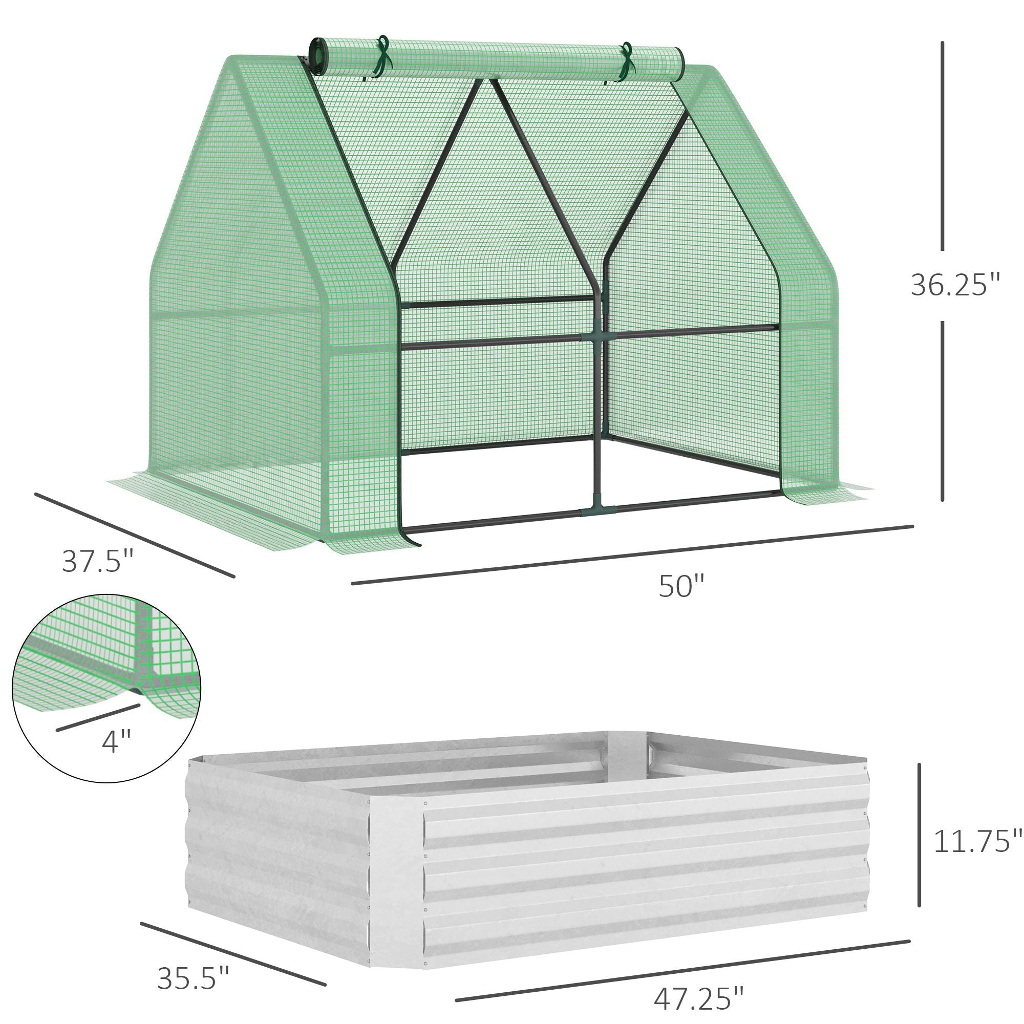 Outsunny Steel Outdoor Greenhouse Raised Garden Bed Planter Box Plastic Cover Roll Up Window Dual Use Flowers 