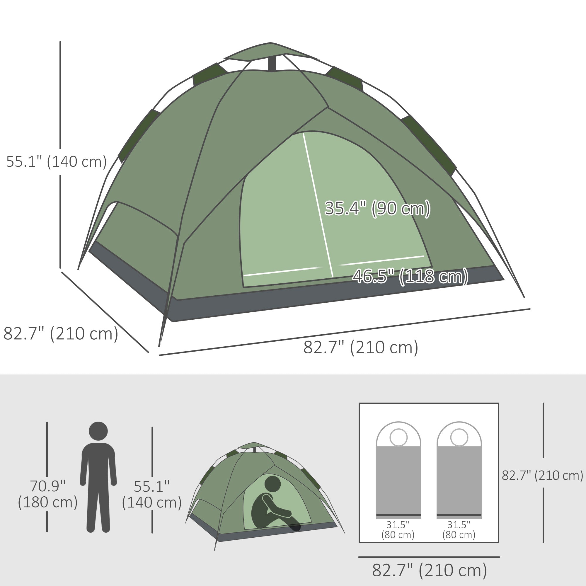 Outsunny Camping Tent, 3 Person Family Tent, 1000mm Waterproof, with Sewn-in Groundsheet and Carry Bag,  for Fishing, Dark Green 