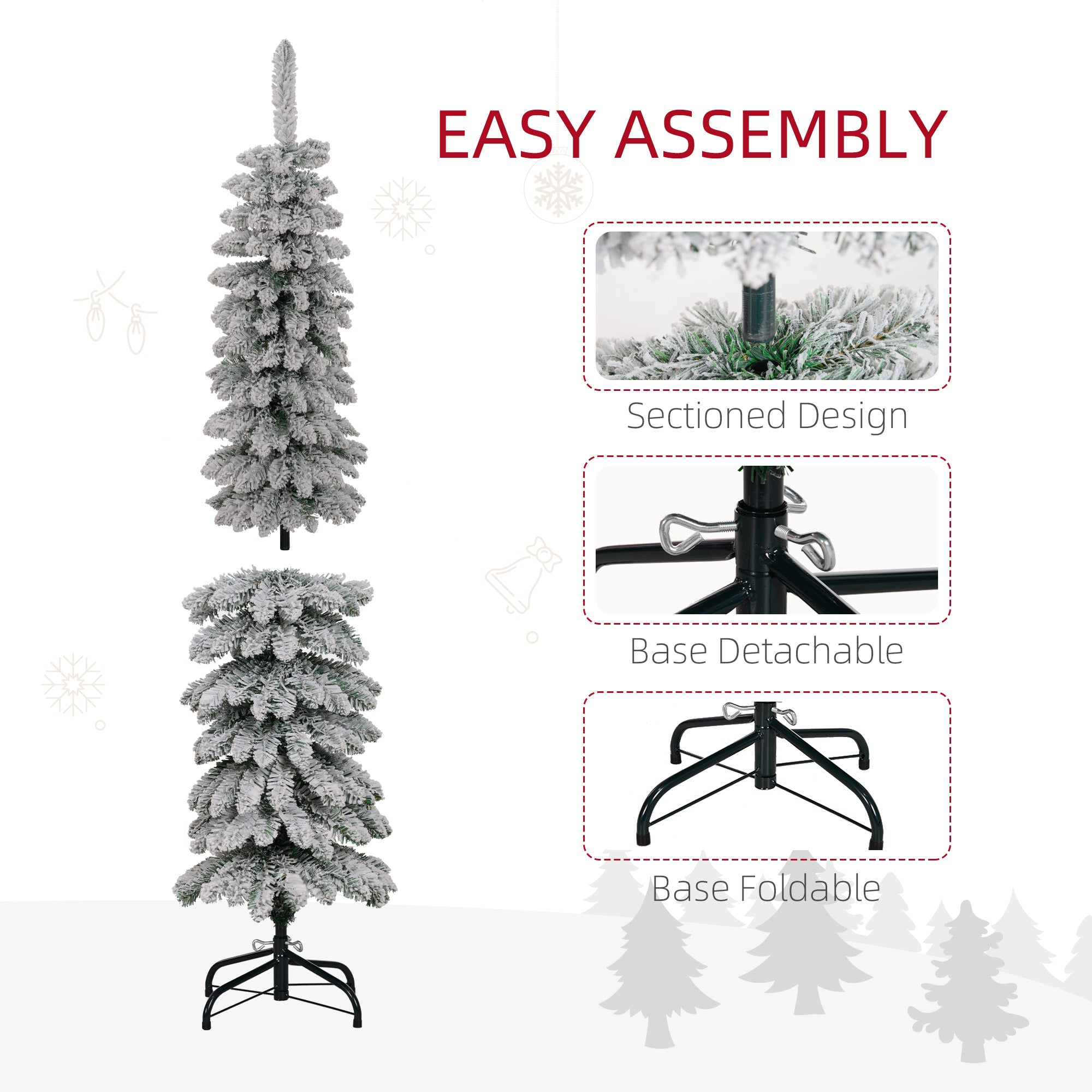 HOMCOM 5ft Snow-Flocked Artificial Christmas Tree, Slim Pencil Xmas Tree with 301 Realistic Branches, Metal Base, Green 